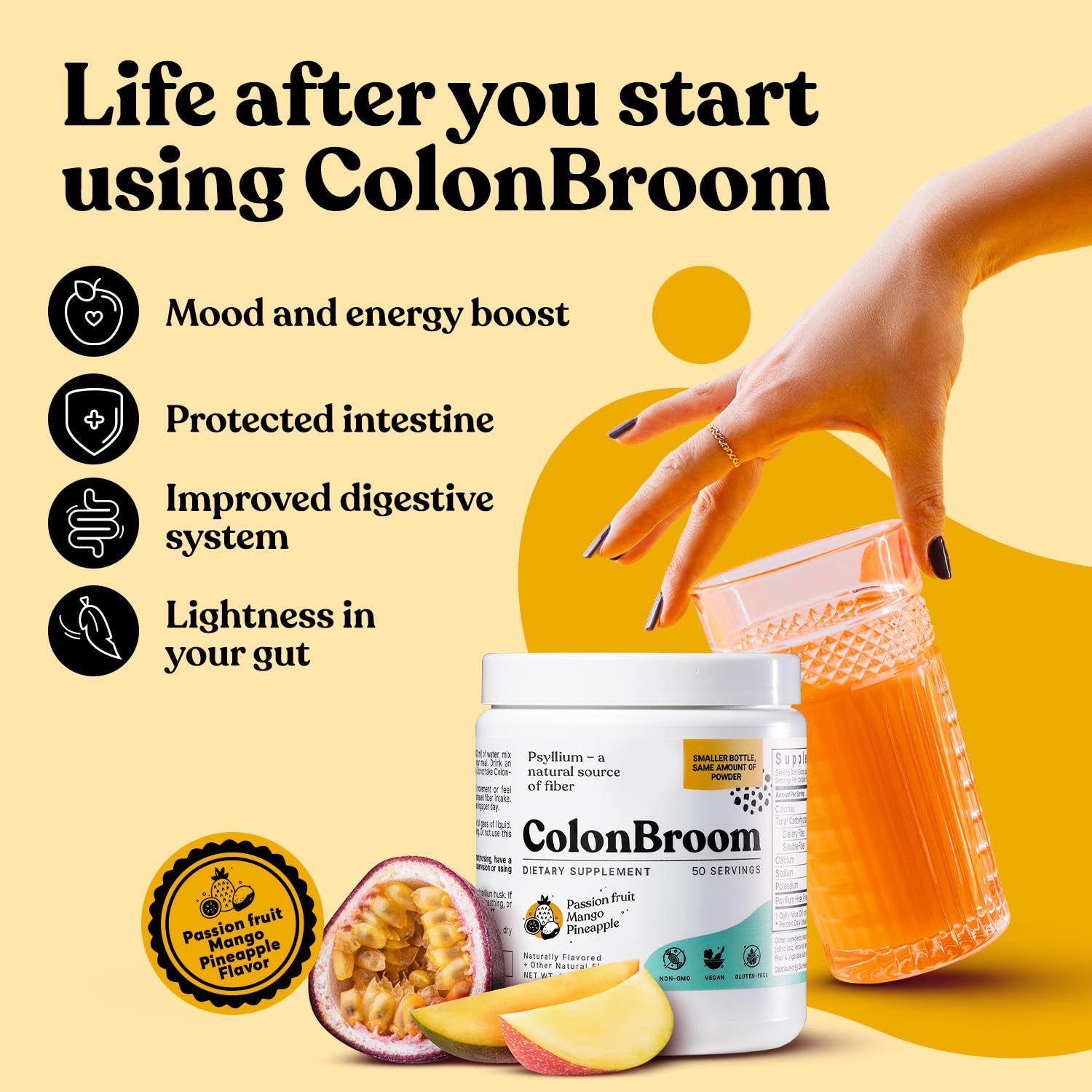 ColonBroom Psyllium Husk Powder with Stevia (Tropical Fruits) - Colon Cleanse for Bloating Relief & Gut Health - Colon Broom Fiber Powder Drink - Vegan Fiber Powder Stevia Supplement, 150 Servings ColonBroom Au supplements