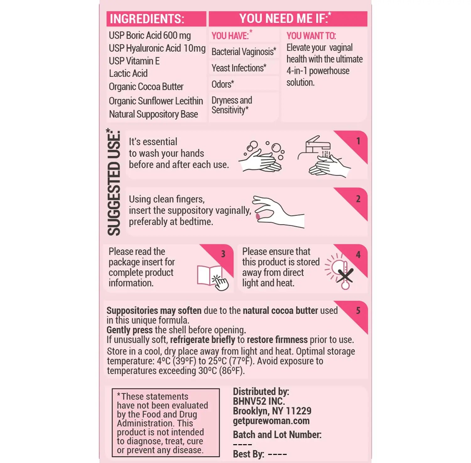 PURE WOMAN - pH-ighter Vaginal Boric Acid Suppositories for Women - Hyaluronic Acid - 4 in 1 Vaginal Suppositories for Discomfort, Dryness, Odor & pH Balance- Full Vaginal Health Care - 5pk PURE WOMAN Au supplements