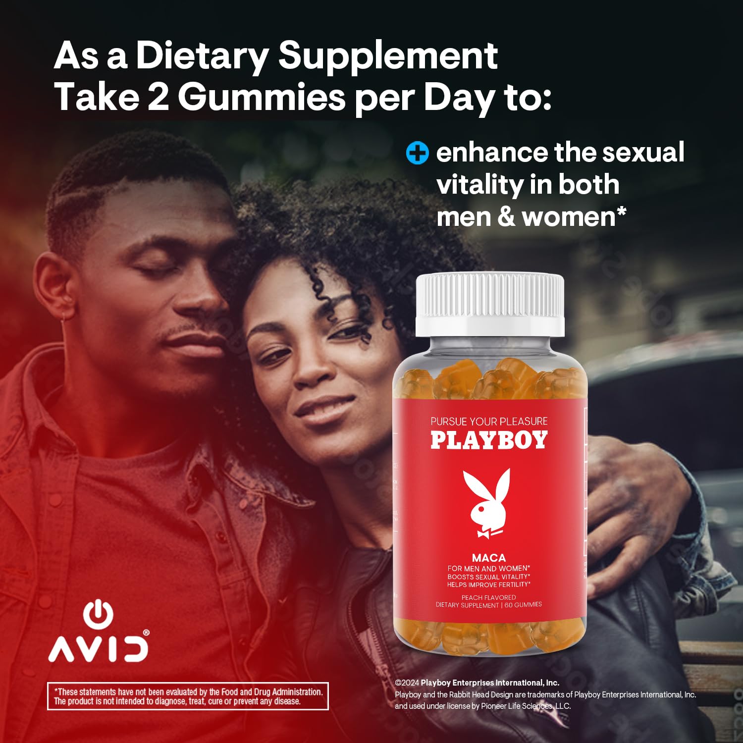 Playboy - Maca Root Gummies for Women and Men (60 Count - Peach Flavored) - Boost Sexual Vitality, Libido, Fertility - Supplement - 100% Natural, Vegan Non GMO - 4:1 Extract Maca Peruana Avid Au supplements