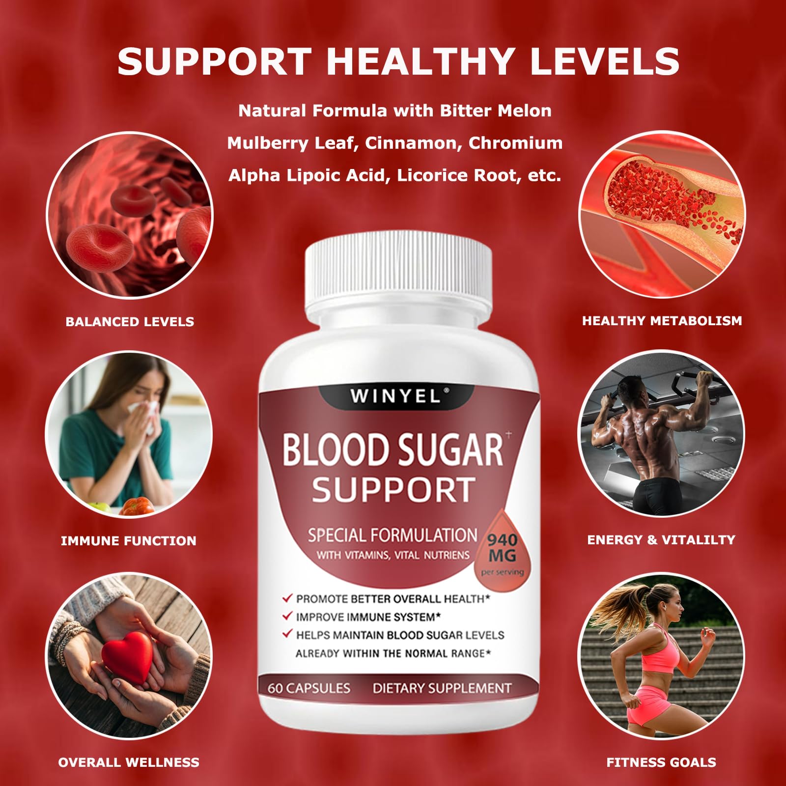 WINYEL Blood Sugar Complex Supplement - with Cinnamon, Bitter Melon, Chromium, Mulberry, Alpha Lipoic Acid, 60 Capsules WINYEL Au supplements