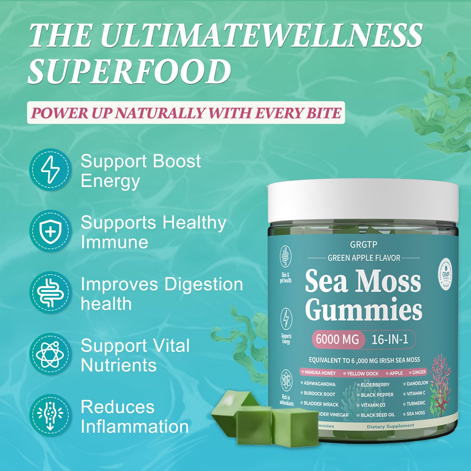 Sea Moss Gummies 16-in-1 - Ashwagandha Black Seed Oil Bladder Wrack Turmeric Vitamin C & D3 with Manuka Burdock Root Dandelion Yellow Dock Natural Detox & Liver Health Immune Support, Energy Boost GRGTP Au supplements