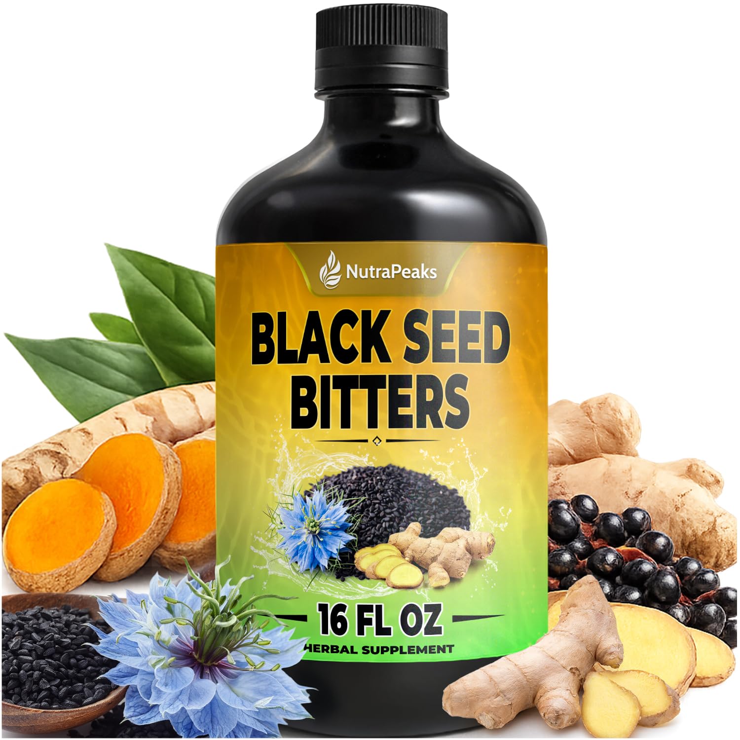 Black Seed Oil Bitters Liquid - Premium Herbal Blend with Black Seed Extract, Curcumin (Turmeric Extract), Ashwagandha, Elderberry, Probiotics, Vitamin C, Zinc...16 fl oz | Natural Botanical Blend NutraPeaks Au supplements