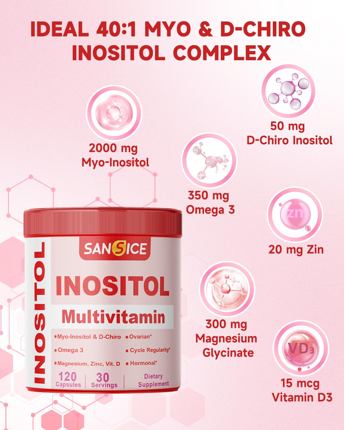 SANSICE Myo & D-Chiro Inositol Multivitamin Capsules, 2000mg Myo-Inositol & 50mg D-Chiro Inositol 40:1 Blend, Vitamin B8 Supplement for Female Hormone (120 Capsules) SANSICE Au supplements