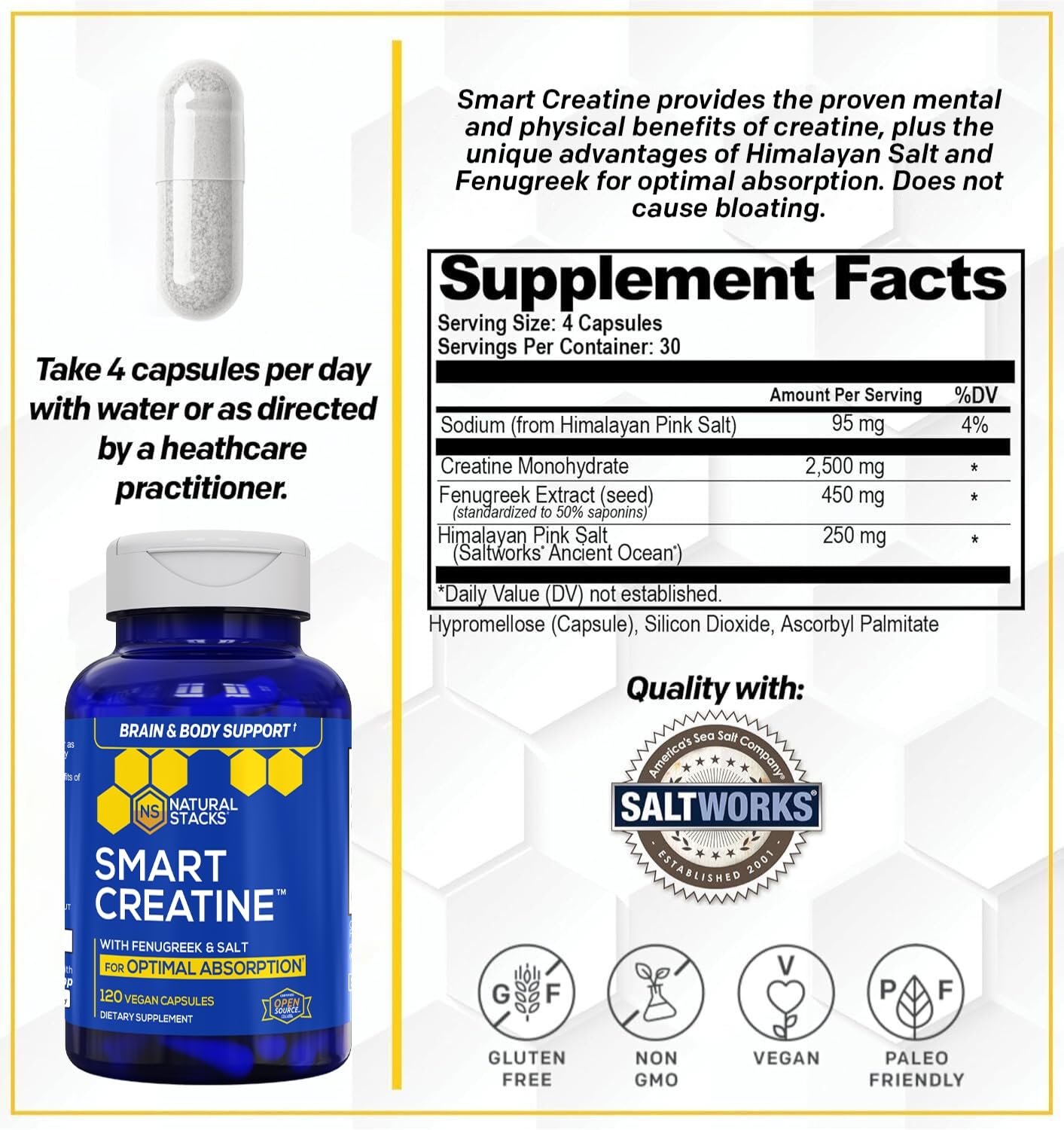 Creatine Monohydrate - 2500mg Creatine Pills - 450mg Fenugreek Extract & 250mg Himalayan Pink Salt - Supports Brain Health, Endurance & Muscle Building - Advanced Absorption Formula - 120 Capsules NATURAL STACKS Au supplements
