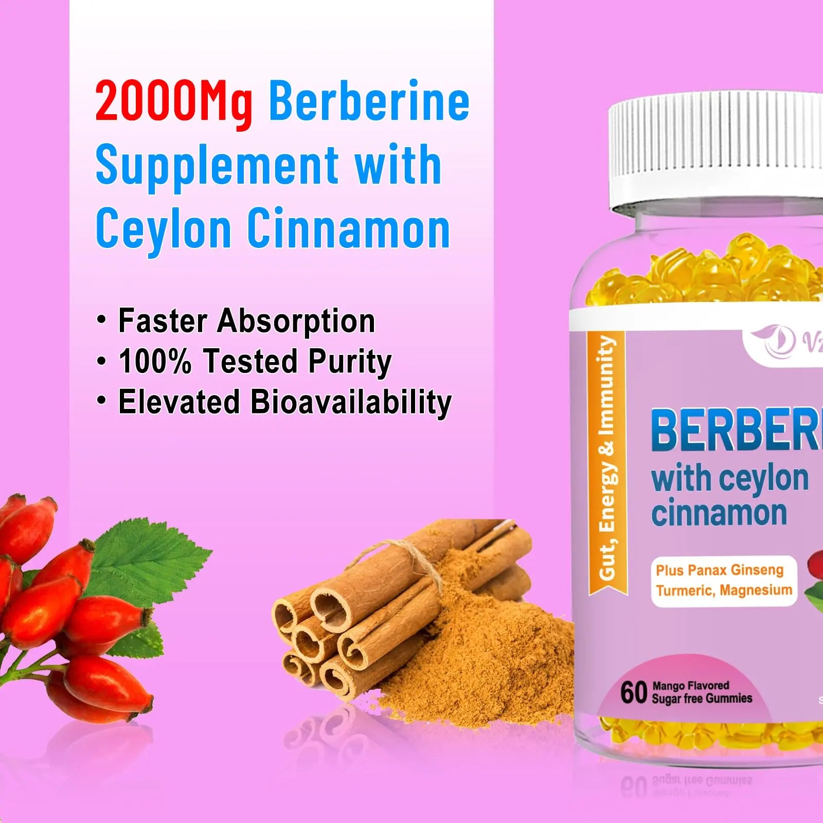 2 Pack Berberine with Ceylon Cinnamon Gummies, 2000mg High Potency Berberine HCI VZOXAINS Au supplements
