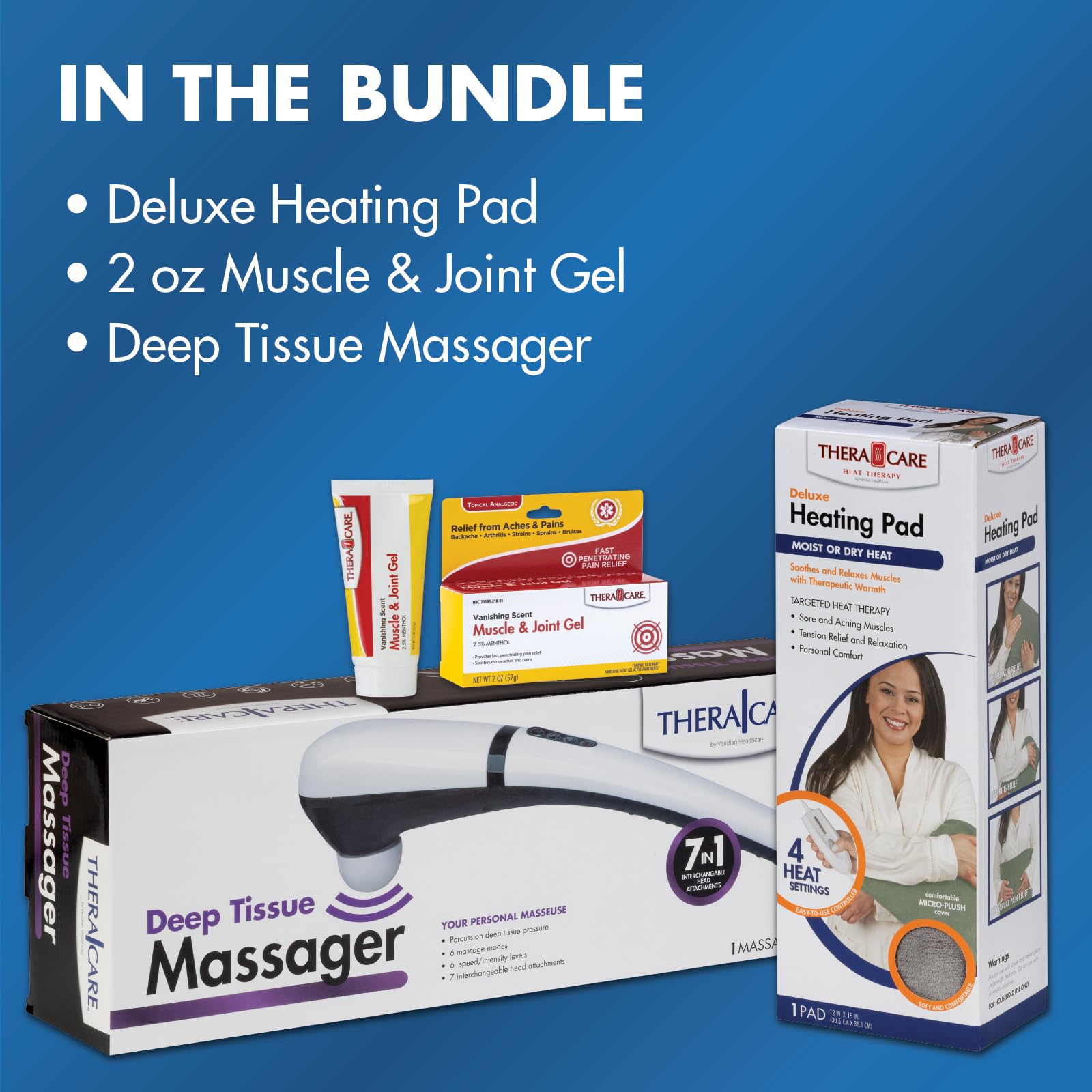 Pain Management Bundle 3-Piece | Personal Deep Tissue Massager | Muscle & Joint Pain Relief Gel | Deluxe Moist Dry Heating Pad | Therapeutic Care at Home | Whole Family Care Thera Care Au supplements