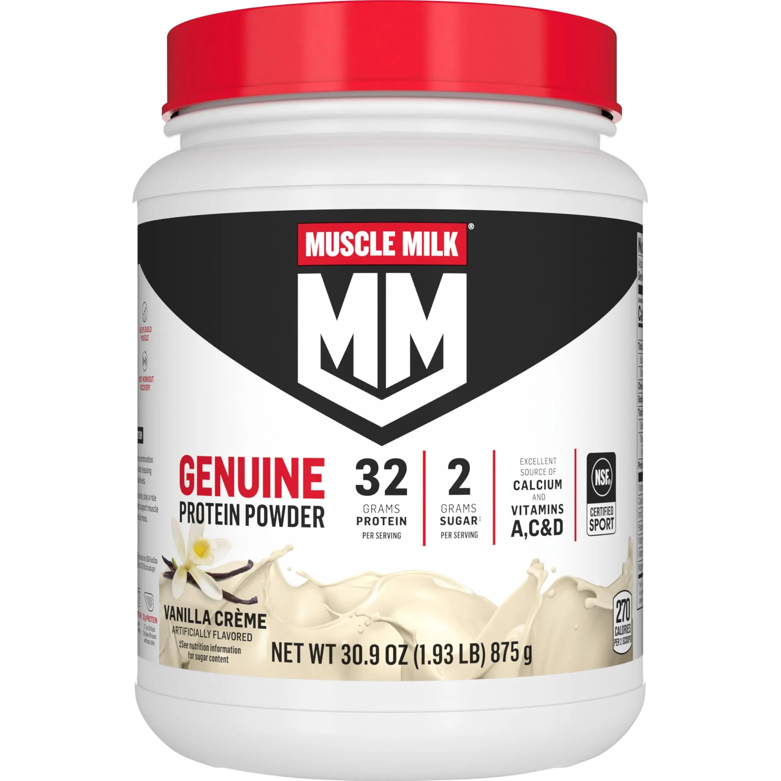 Muscle Milk Genuine Protein Powder, Vanilla Crème, 1.93 Pounds, 12 Servings, 32g Protein, 2g Sugar, Calcium, Vitamins A, C & D, NSF Certified for Sport, Energizing Snack, Packaging May Vary Muscle Milk Au supplements