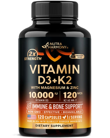 Vitamin D3 K2 - Vitamin D3 10000 iu & K2 as MK-7 120 mcg - Immune & Mood Support, for Bone & Teeth Health - with Magnesium, Zinc & Vitamin C & B12 - Highly Bioavailable