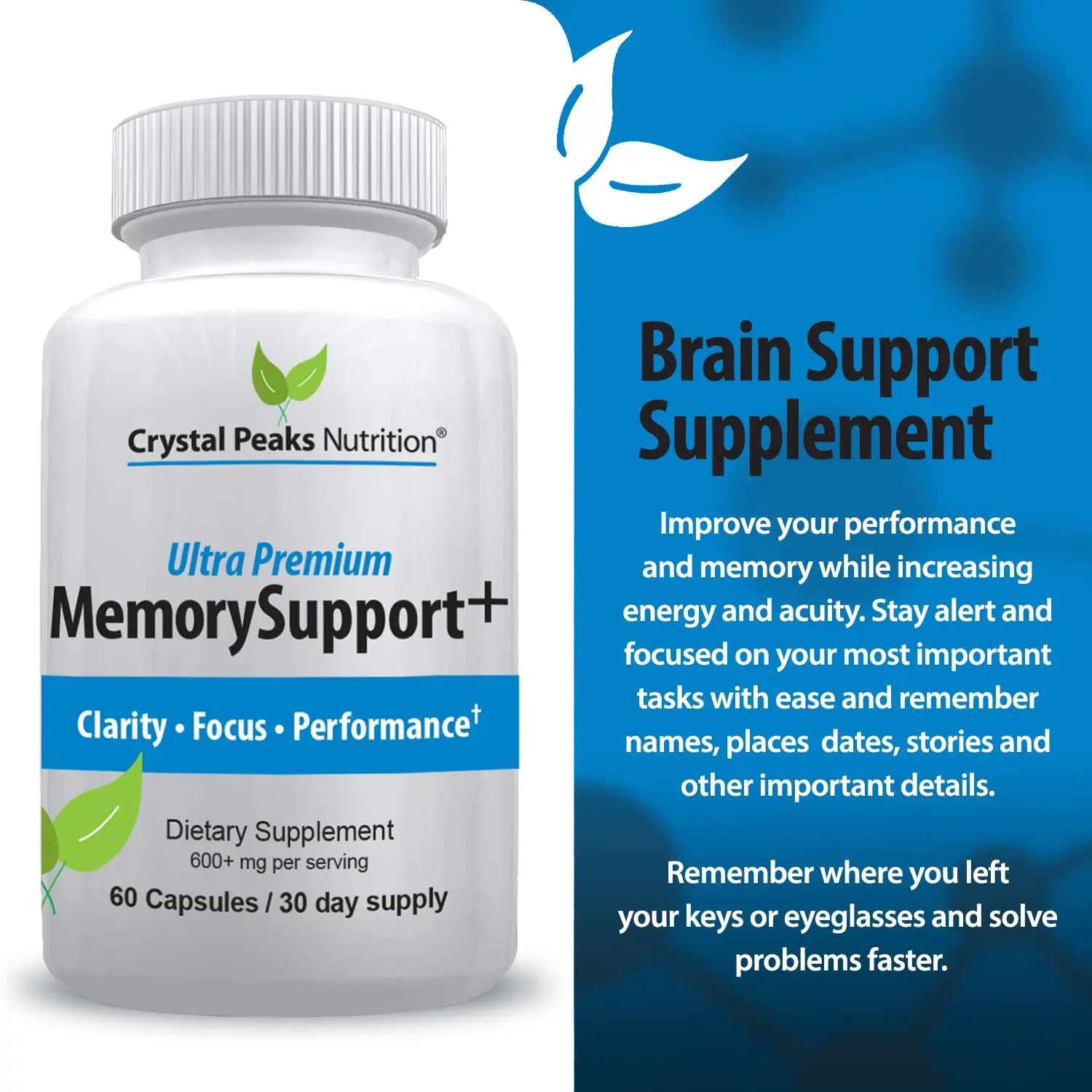 Memory Boost + Brain Support Supplement – Nootropic for Focus, Concentration, Memory. Enhanced Energy, Recall and Alertness - 60 Capsules/30-day Supply. CRYSTAL PEAKS NUTRITION Au supplements