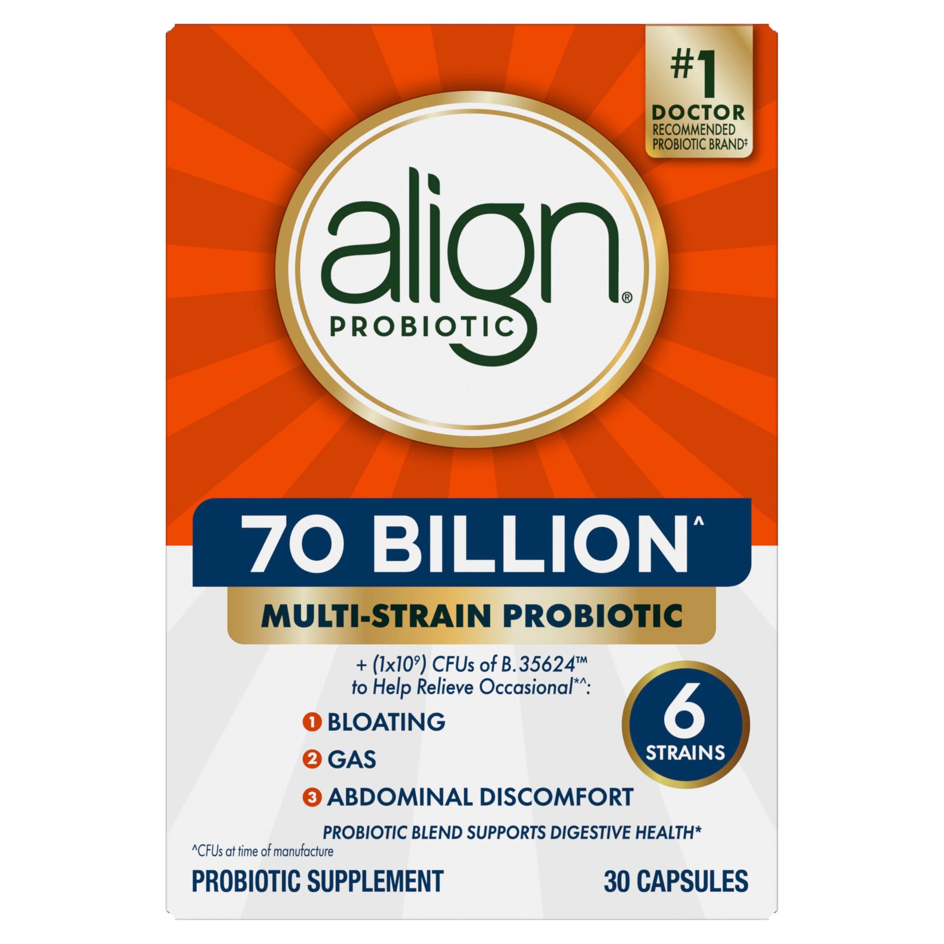 Align Probiotic, 70 Billion CFU, 6 Strain Blend, Probiotics for Women and Men, Daily Probiotics for Digestive Health, Helps Relieve Occasional Bloating & Gas 30 Capsules Align Au supplements