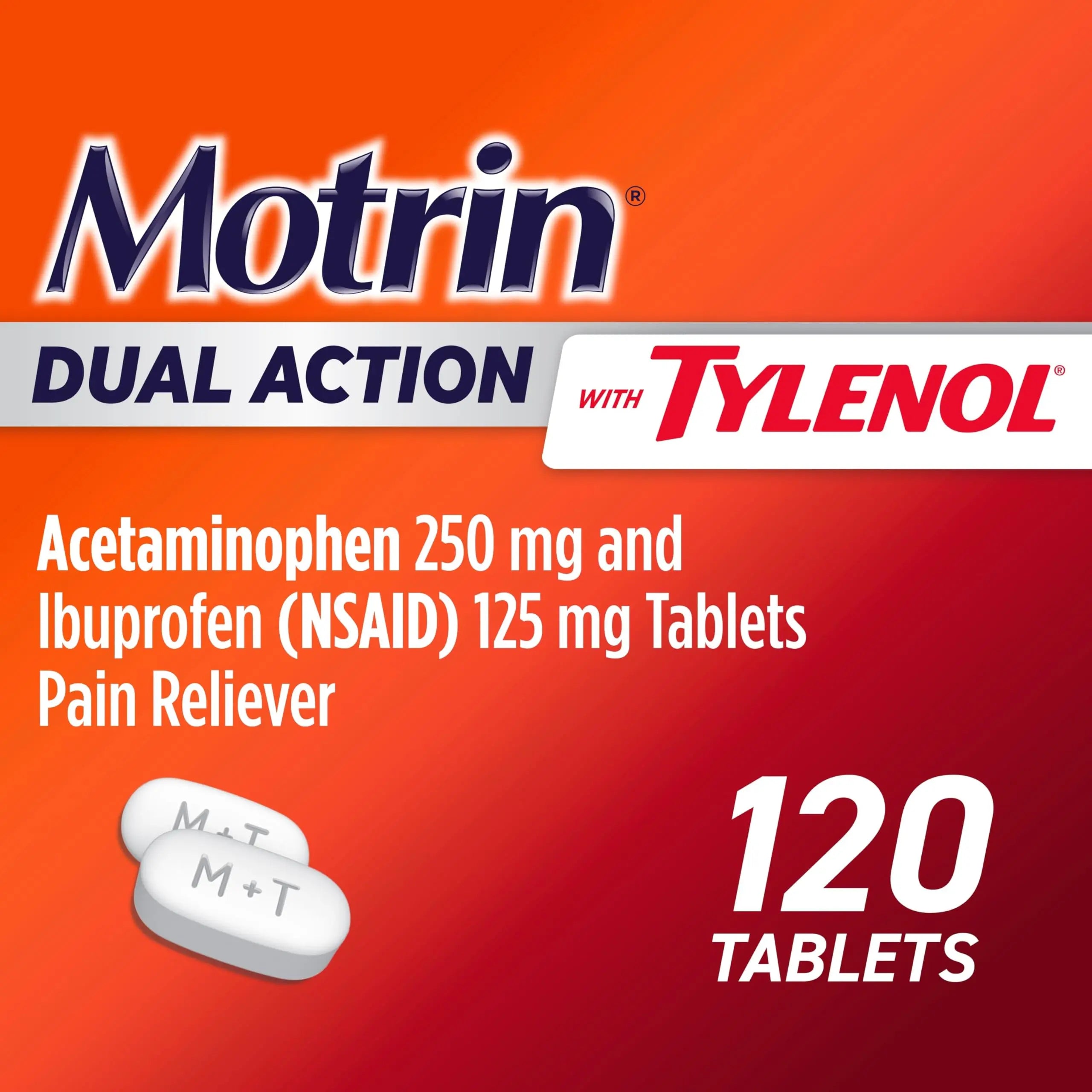 Motrin Dual Action with Tylenol, Ibuprofen & Acetaminophen Fast-Acting Dual Action Pain Reliever for Minor Aches & Pains, Ibuprofen (NSAID) 125 mg & Acetaminophen 250 mg, 120 ct Motrin Au supplements