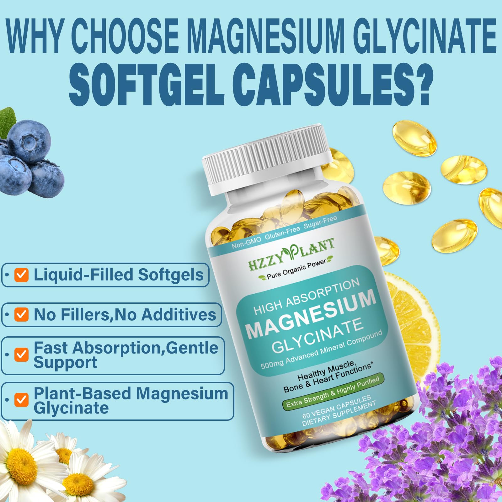 Magnesium Glycinate 500mg Softgels, High Absorption Magnesium Supplement Softgel Capsules for Muscle, Heart, Sleep & Bone Support, Stress Relief, Nerve Health & Metabolism, Non-GMO, 2 Month Supply HZZYPLANT Au supplements