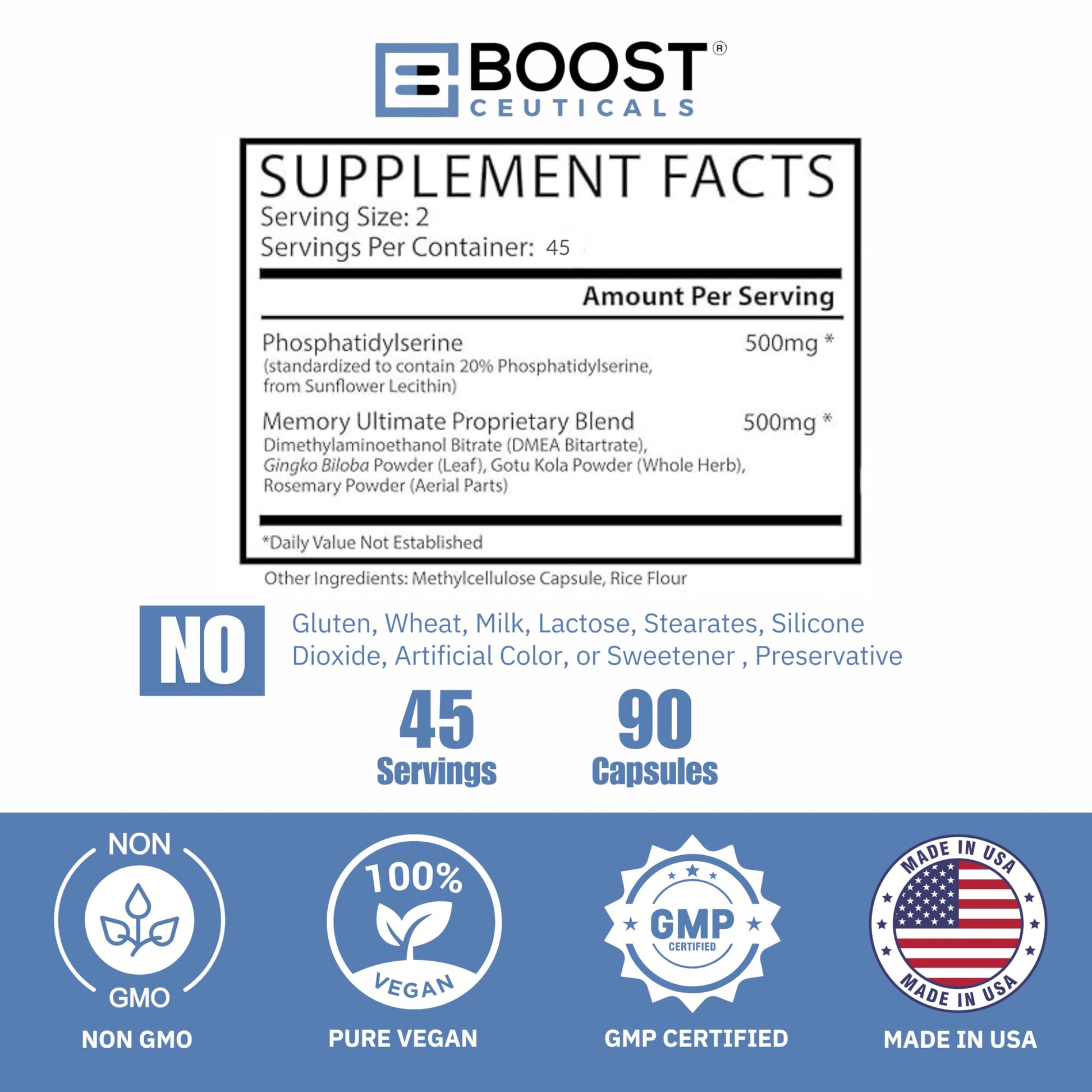 BoostCeuticals Phosphatidylserine 100mg with Ginkgo DMAE Gotu Kola - Memory, Stress & Cortisol Support, Cognitive Focus, Sleep Health, Brain Function Supplement, 90 Capsules BoostCeuticals Au supplements