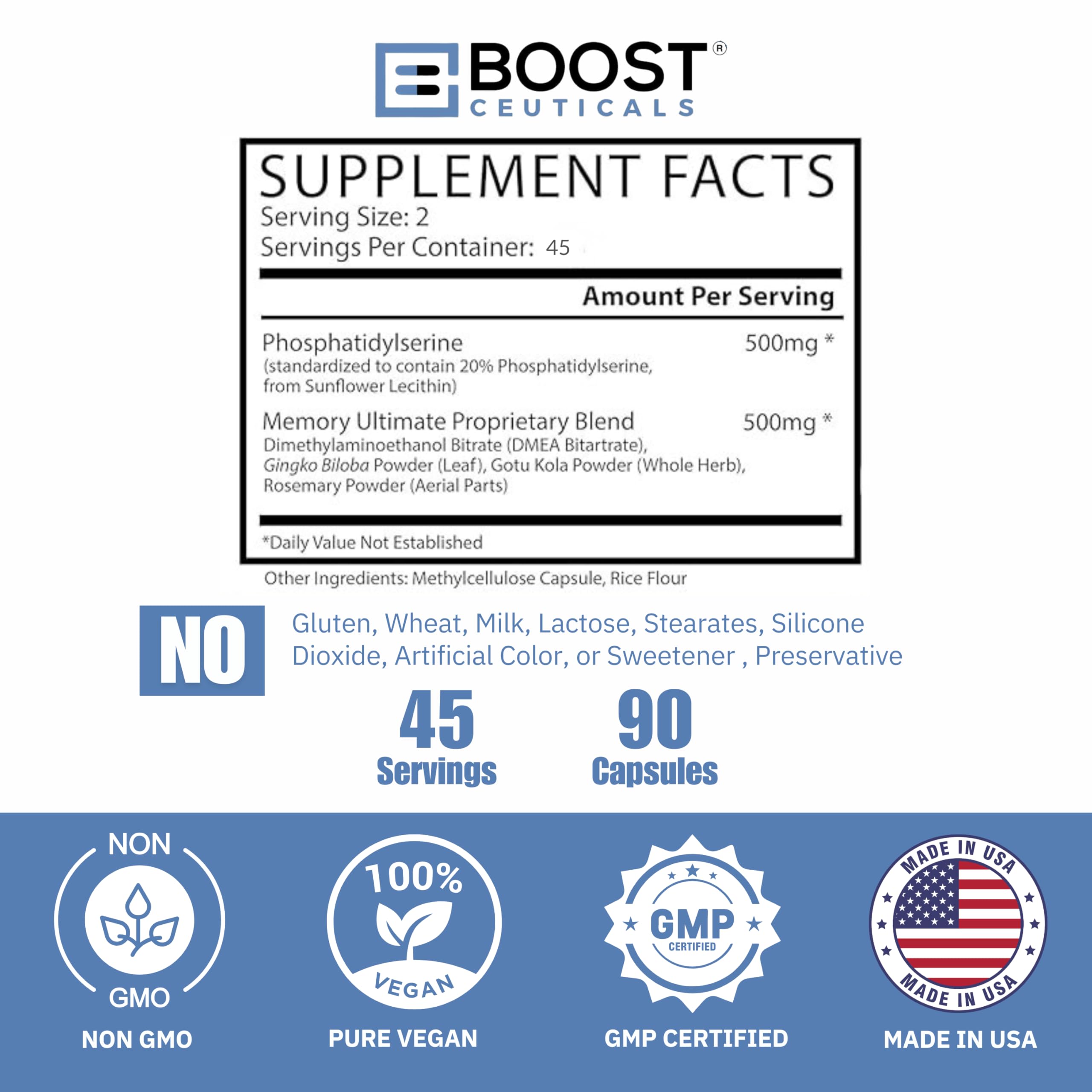BoostCeuticals Phosphatidylserine 100mg with Ginkgo DMAE Gotu Kola - Memory, Stress & Cortisol Support, Cognitive Focus, Sleep Health, Brain Function Supplement, 90 Capsules BoostCeuticals Au supplements