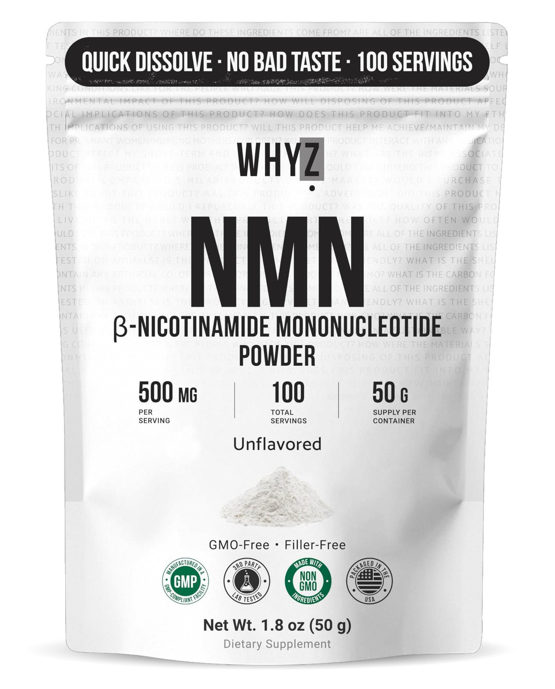 Pure NMN Powder Nicotinamide Mononucleotide Quick Dissolved NMN Supplement Powder 100% Unflavored NMN Supplement Supports NAD+ Levels Vegan Friendly Non-GMO, 50g WHYZ Au supplements