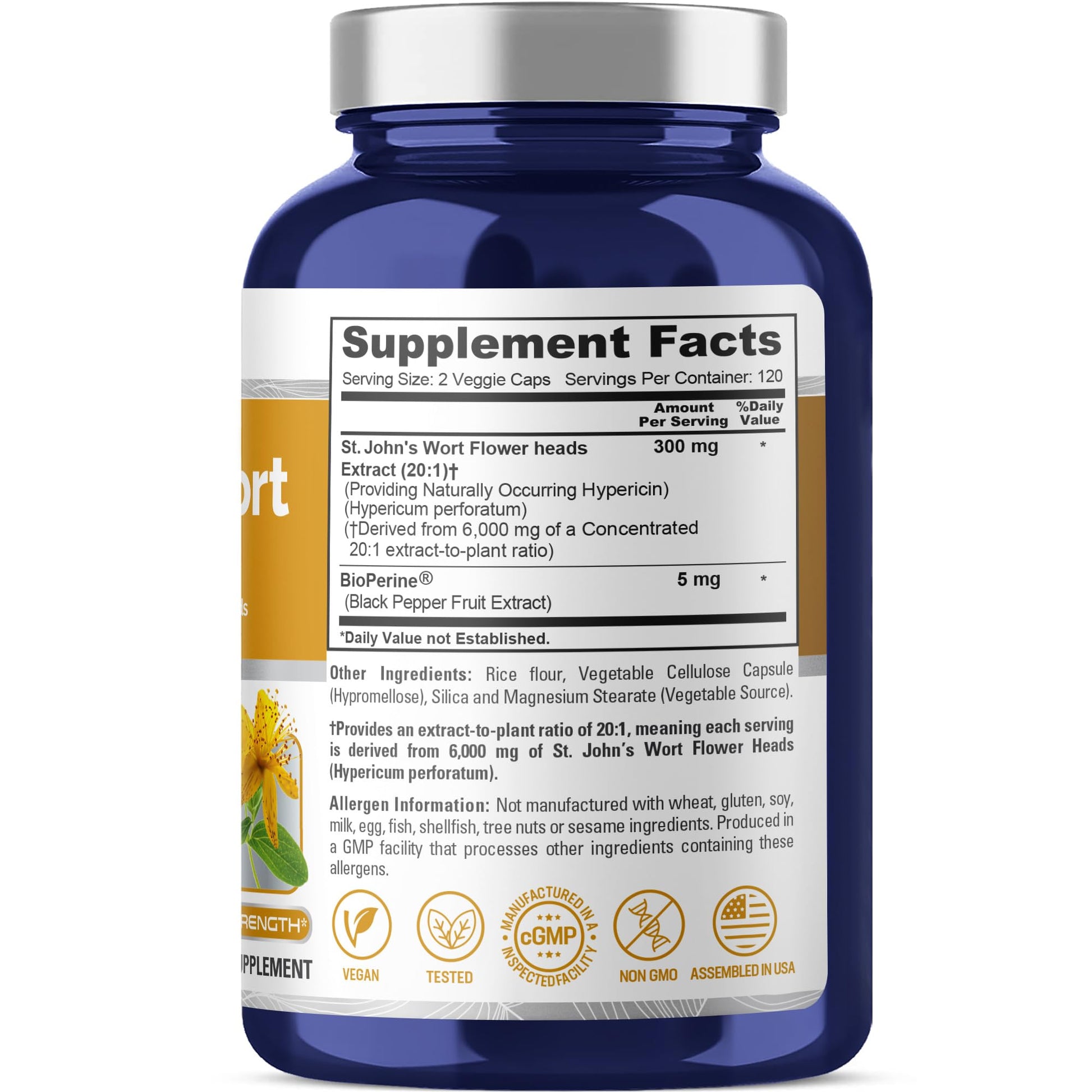 NusaPure St. John's Wort 20:1 Extract, 300 mg Equivalent to 6,000mg 240 Veggie Capsules (Vegetarian, Non-GMO & Vegan) Bioperine NusaPure Au supplements