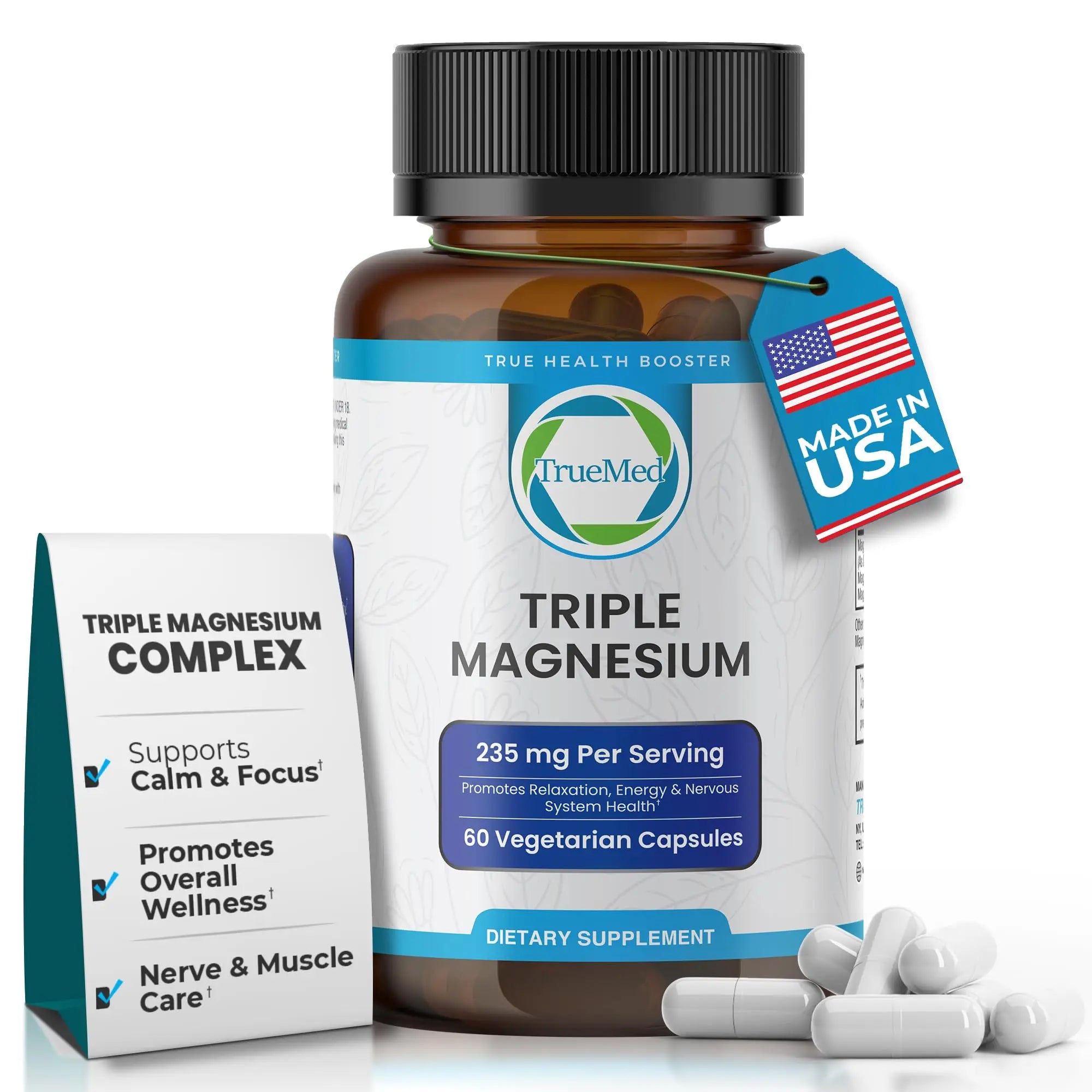 Truemed Triple Magnesium Complex Supplement 235mg with Magnesium Citrate, Malate & Lysinate Chelate | Magnesium Supplement for Sleep, Muscle Relaxation, Energy & Nerve Support | 60 Capsules, USA Made TRUEMED Au supplements