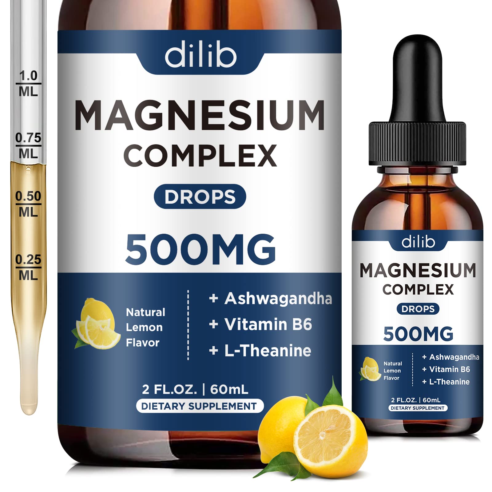 Magnesium Glycinate Liquid Drops, Triple Magnesium Complex Supplement with Citrate, Malate 500mg Ashwagandha, L-Theanine, Vitamin B6 for Sleep, Calm, Stress Relief, Bone, Muscle, Mood - Lemon Flavor dilib Au supplements
