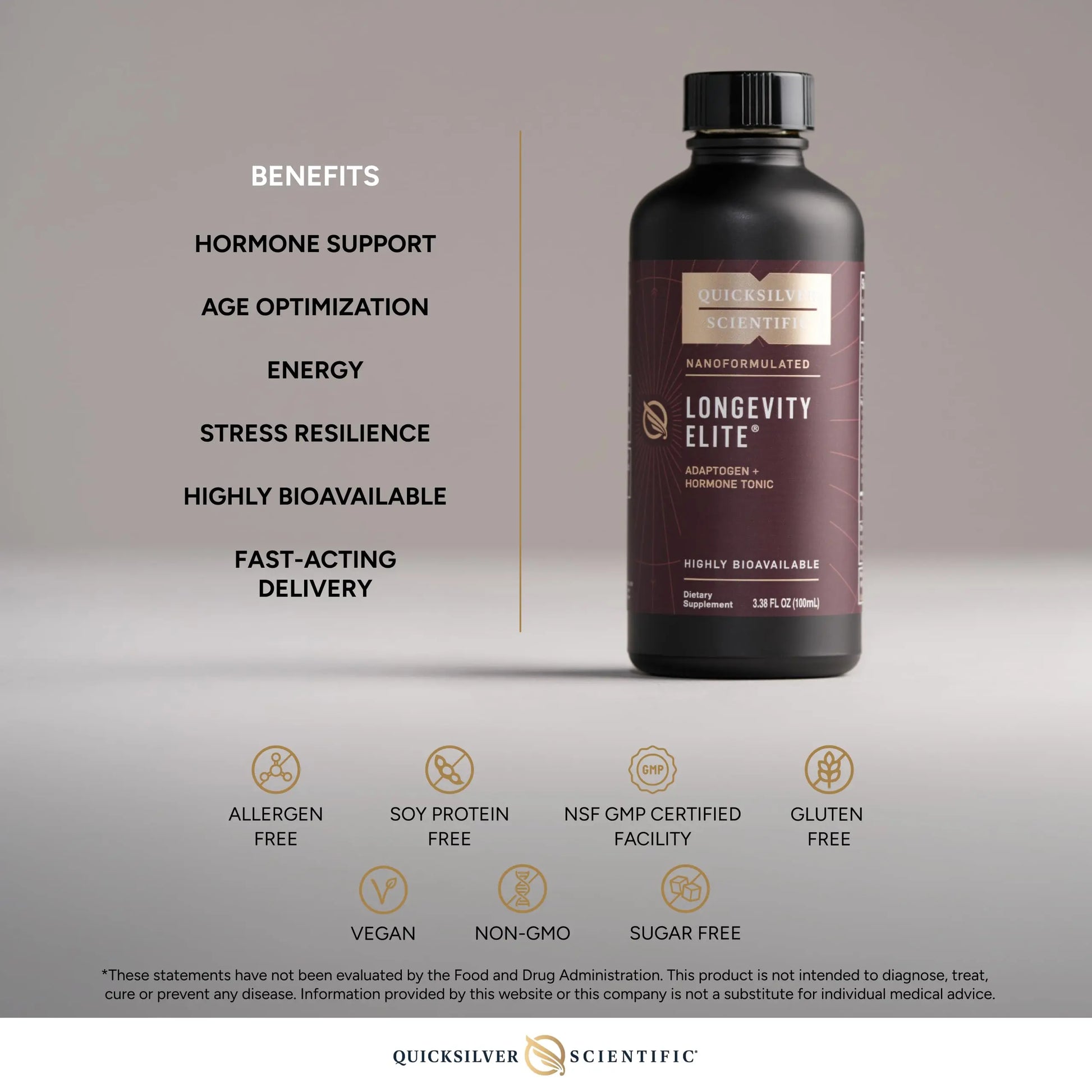 Quicksilver Scientific Longevity Elite - Liposomal Adaptogen + Pregnenolone Tonic - Herbal Supplements Designed for Age Optimization Support While Targeting AMPK, Sirtuins + Telomeres (100ml) Quicksilver Scientific Au supplements