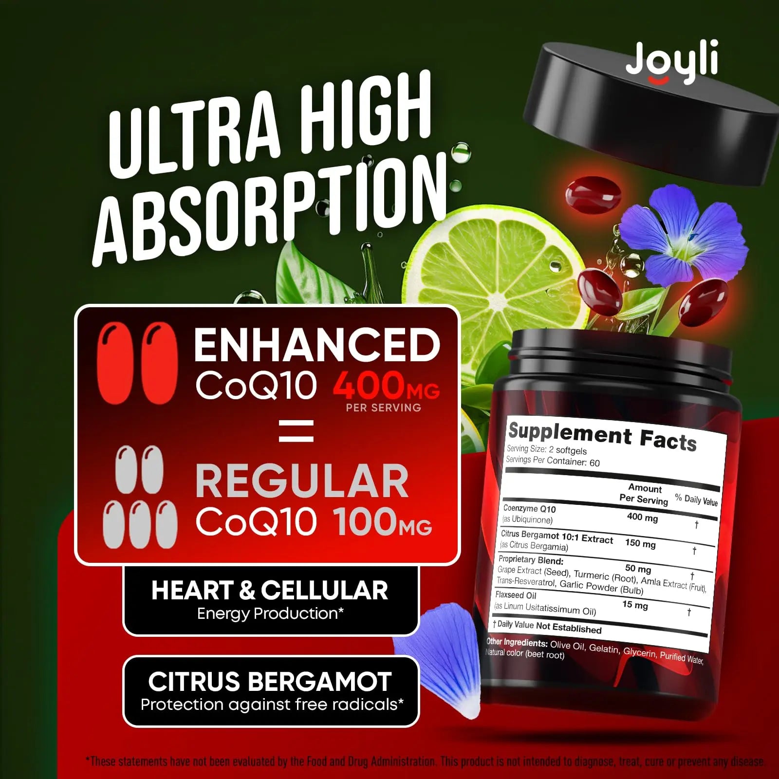 CoQ10 400mg Softgels - High Absorption Co Q10, 400mg Softgels for Heart Health & Energy Production - Enhanced Co Q 10 Supplement with Antioxidants and Flaxseed Oil - CoQ10 400 mg per Serving JOYLI Nutrition Au supplements