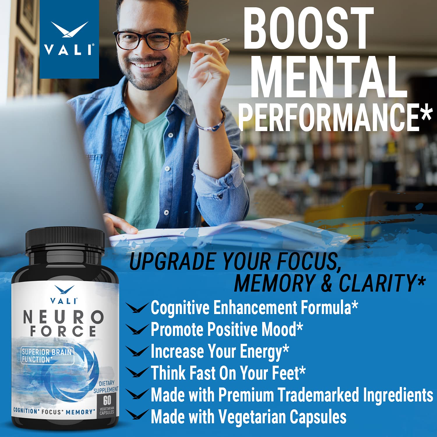 VALI Neuro Force Brain Booster Supplement for Focus, Memory, Clarity & Energy. Extra Strength Nootropic Cognitive Function Support for Mental Performance. with Natural Caffeine. 60 Veggie Capsules VALI Au supplements