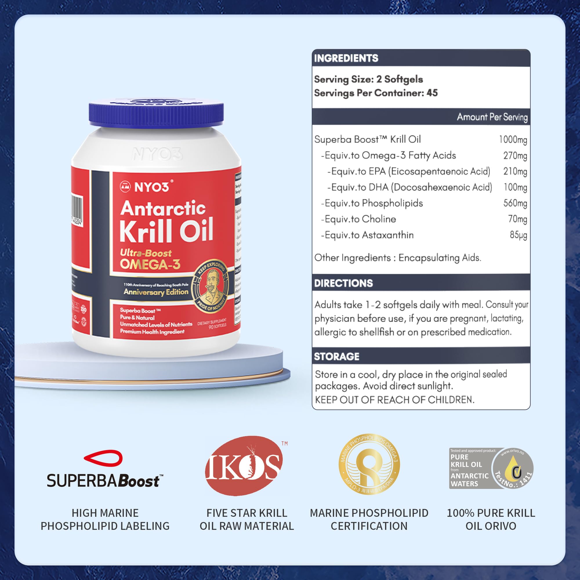 NYO3 Antarctic Krill Oil 1000mg Omega 3 Supplement, EPA & DHA, 90 Softgels Astaxanthin NYO3 Au supplements
