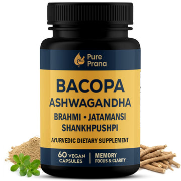 Pure Prana Ayurvedic Brain Supplement Capsules with Brahmi, Ashwagandha & Gotu Kola - Plant-Based Nootropic Cognitive Wellness Formula for Daily Focus - Vegan Clarity for Men Women - 60 Capsules Pure Prana Au supplements