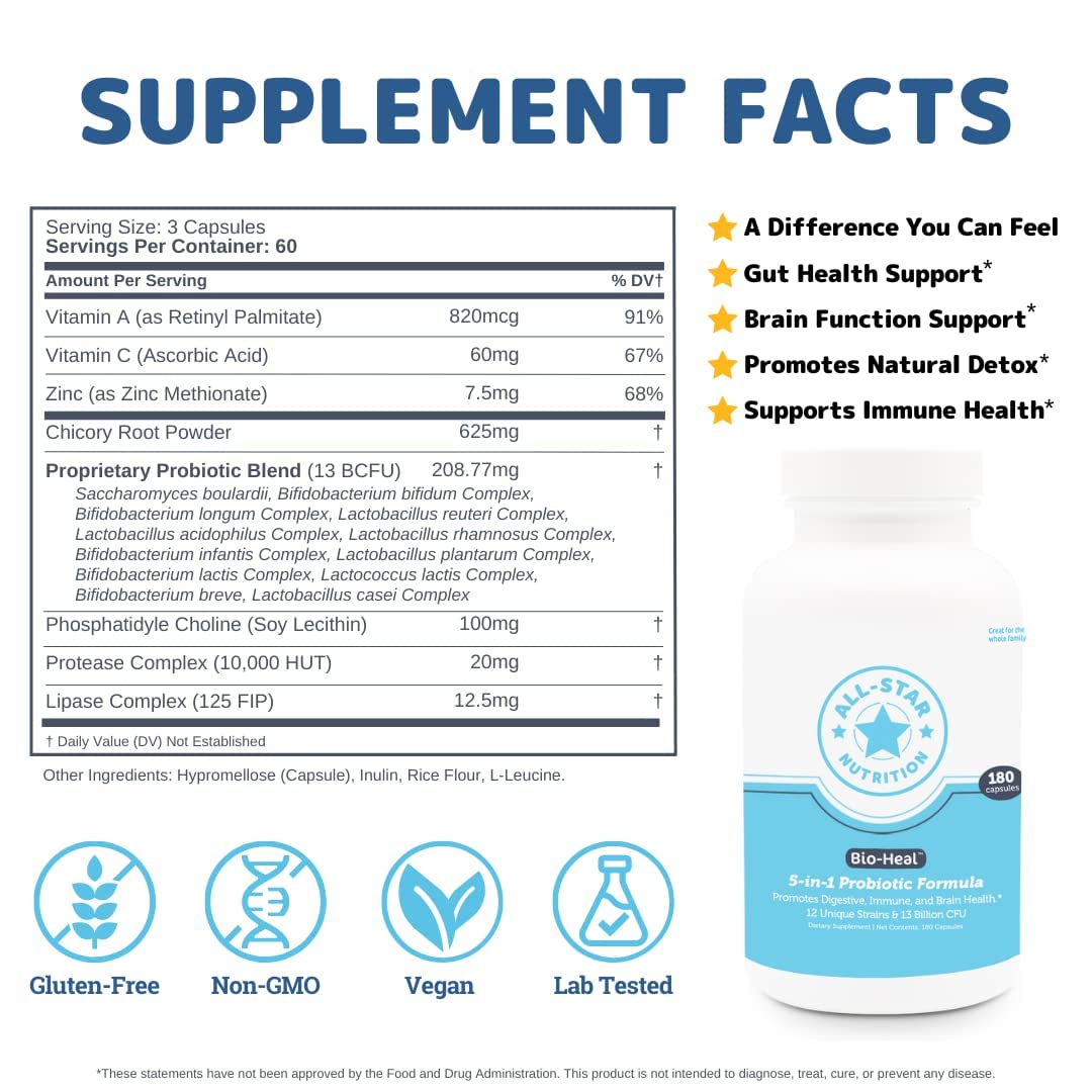 5-in-1 Bio-Heal® Probiotic Capsules for Kids, Men & Women - Best Supplement for Brain Function, Gut Health & Constipation - Shelf Stable & Fortified with Vitamins, Minerals & Prebiotics All-Star Nutrition Au supplements