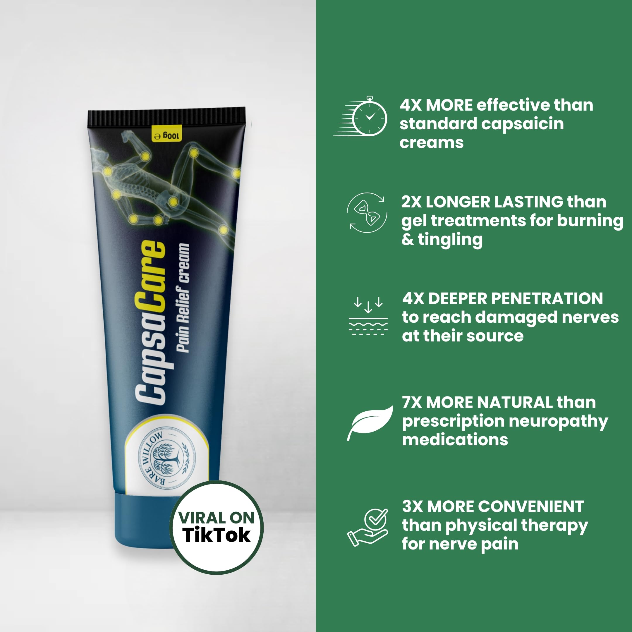 CapsaCare Cream with Capsaicin 0.125% & Magnesium, NeuroSoothe Blend with Arnica, Glucosamine, Menthol & Aloe, Fragrance Free, Non Greasy, Hydrating Topical Skin Cream for Men and Women, 100g (1 Pack) Bare Willow Au supplements