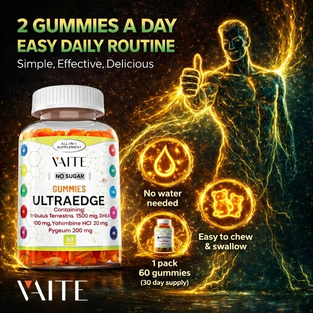 VAITE UltraEdge Herbal Complex Gummies – Tribulus Terrestris 1500mg, DHEA 100mg, Yohimbine HCl 20mg, Pygeum 200mg, Plant-Based Blend, 60 Vegan Gummies, Non-GMO, Gluten-Free, Adult Supplement VAITE Au supplements
