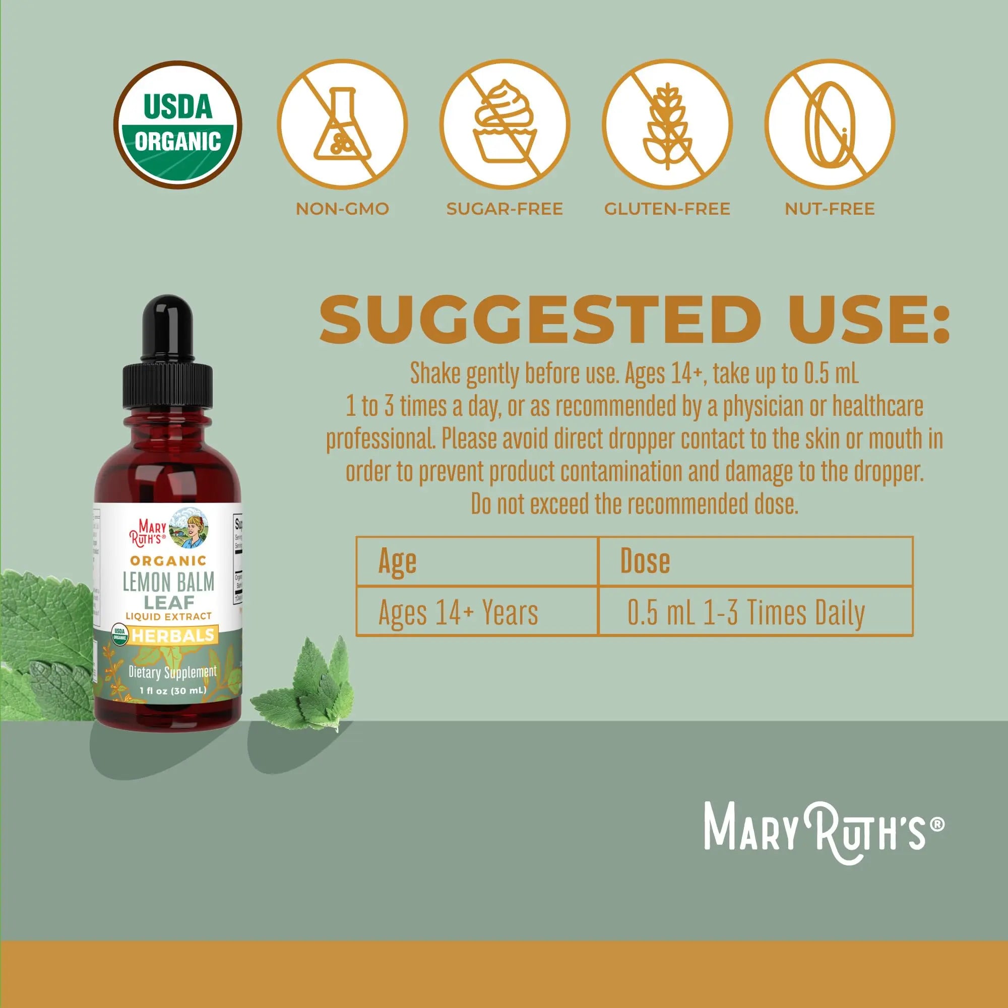 MaryRuth Organics Lemon Balm Leaf Liquid Extract | Mood Support | Relaxation | Calming | Nervine Herbal | Lemon Balm Tincture | USDA Organic | Vegan | Non-GMO | Gluten Free | 1 Fl Oz MARYRUTH'S Au supplements