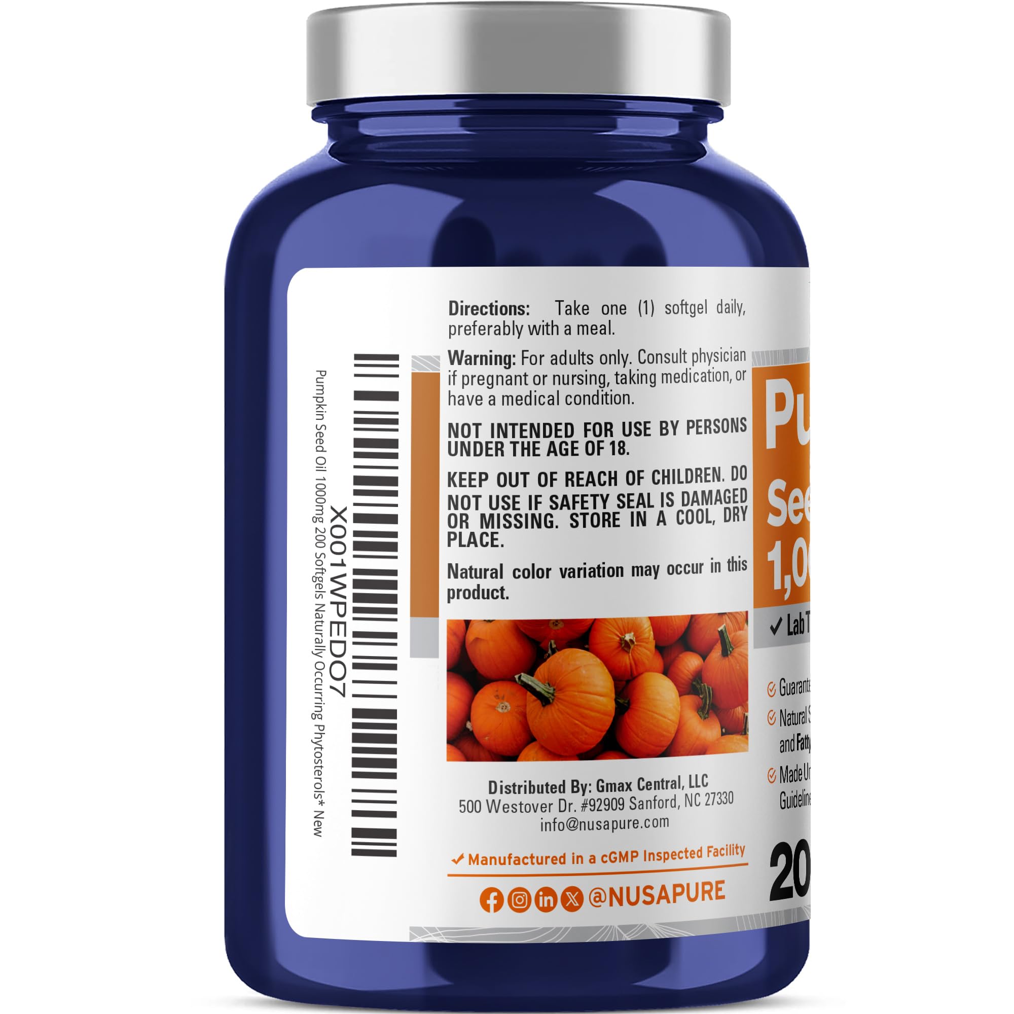 NusaPure Pumpkin Seed Oil 1000mg 200 Softgel Capsules (Non-GMO, Soyfree) Naturally Occurring Phytosterols NusaPure Au supplements