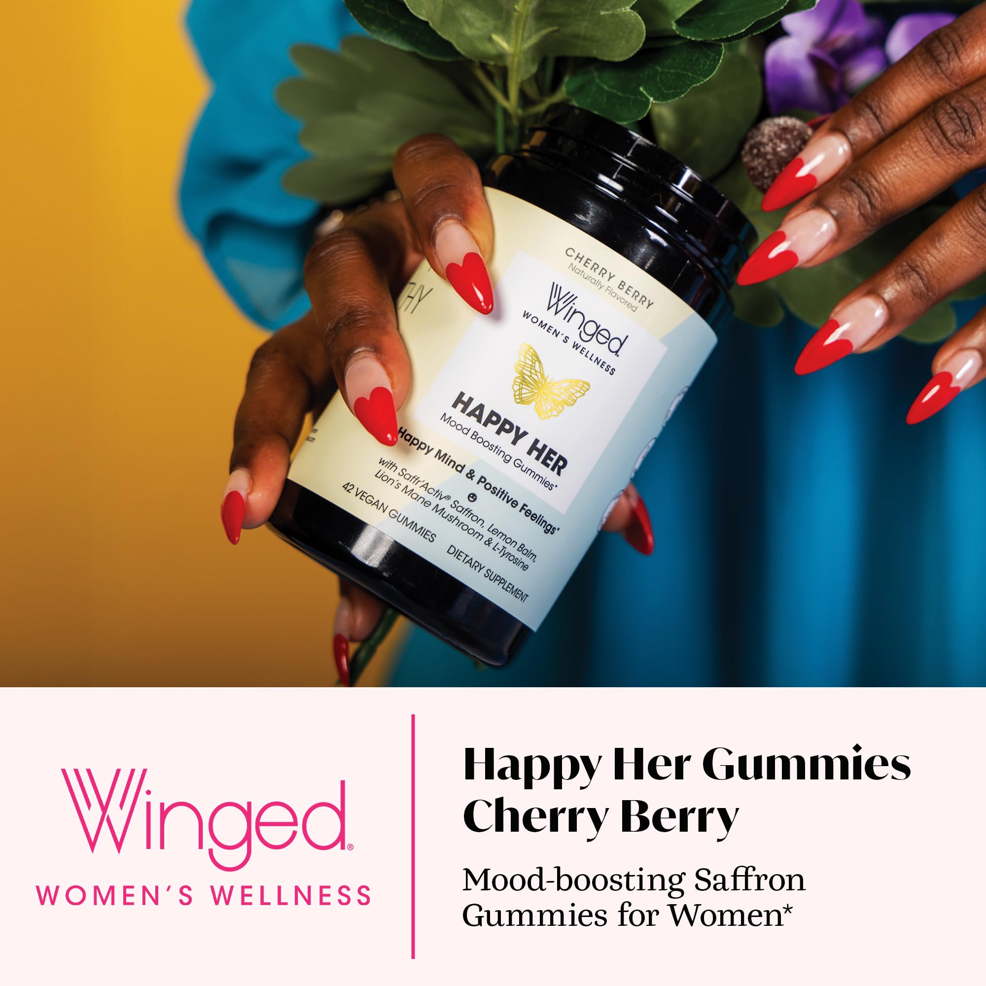 Winged Wellness Happy Her Mood Gummies - Daily Mood Enhancer Support Supplement for Women - Vitamin D with Saffron, Lemon Balm, & Lions Mane Mushrooms for Balance & Calming Relief - 50 Vegan Gummies Winged Au supplements