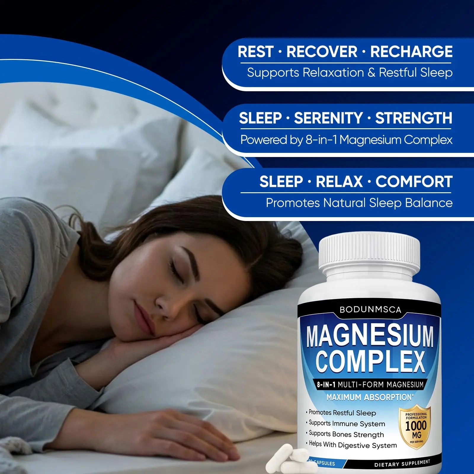 Magnesium Complex, 8 in 1, 1000mg-Glycinate, Citrate, Malate for Easy Absorption, Full Spectrum Magnesium Complex,Supports Relaxation, Sleep & Muscle Function, Magnesio Complex for Women, 180 Capsules BODUNMSCA Au supplements