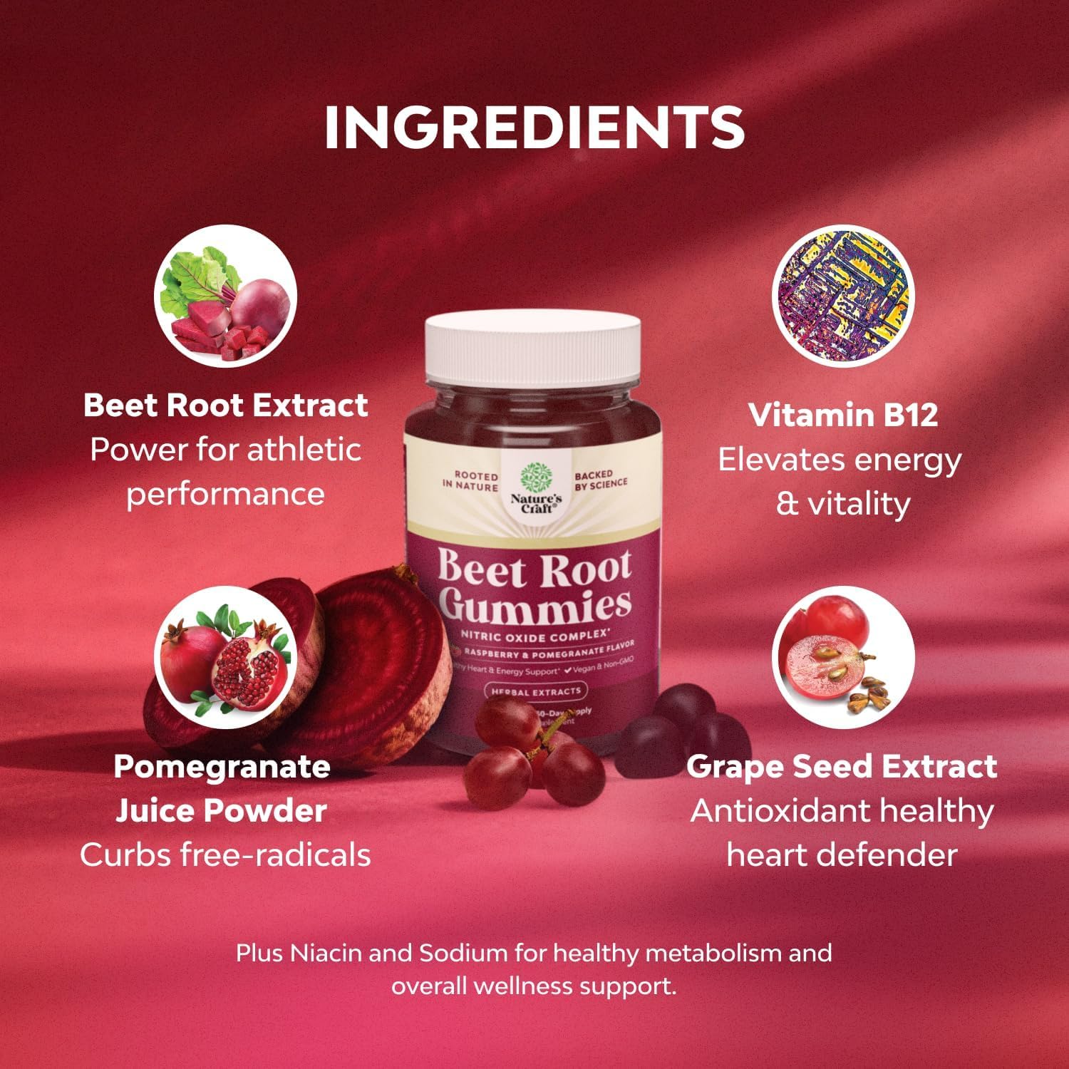Flow Boosting Beet Root Gummies - Invigorating Beet Gummies for Adults Nitric Oxide Energy & Heart Health Support with Grapeseed Pomegranate & Vitamin B12 - Vegan Non-GMO & Gluten Free - 60 Count Natures Craft Au supplements