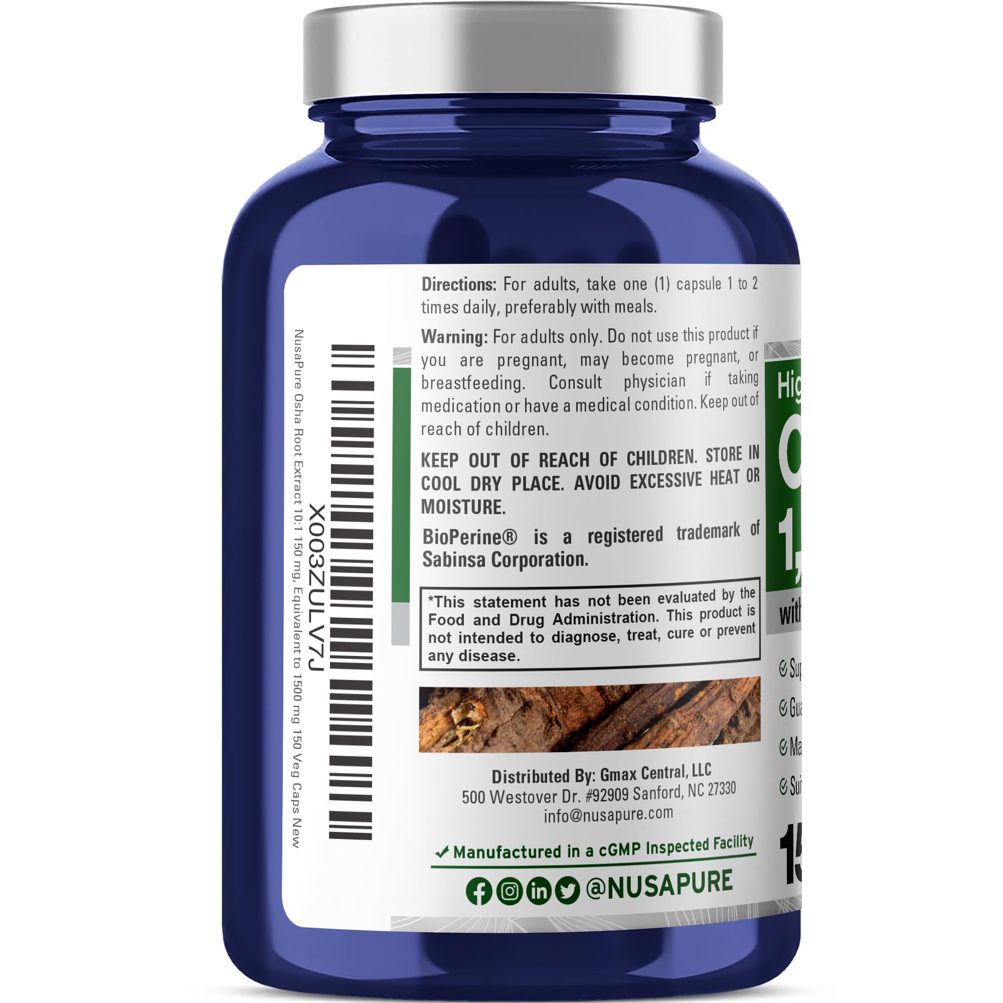 NusaPure OSHA Root Extract 1500 mg per Vegan Caps - 150 Count (10:1 Extract, Non-GMO, Vegan, Bioperine) Ligusticum Porteri NusaPure Au supplements