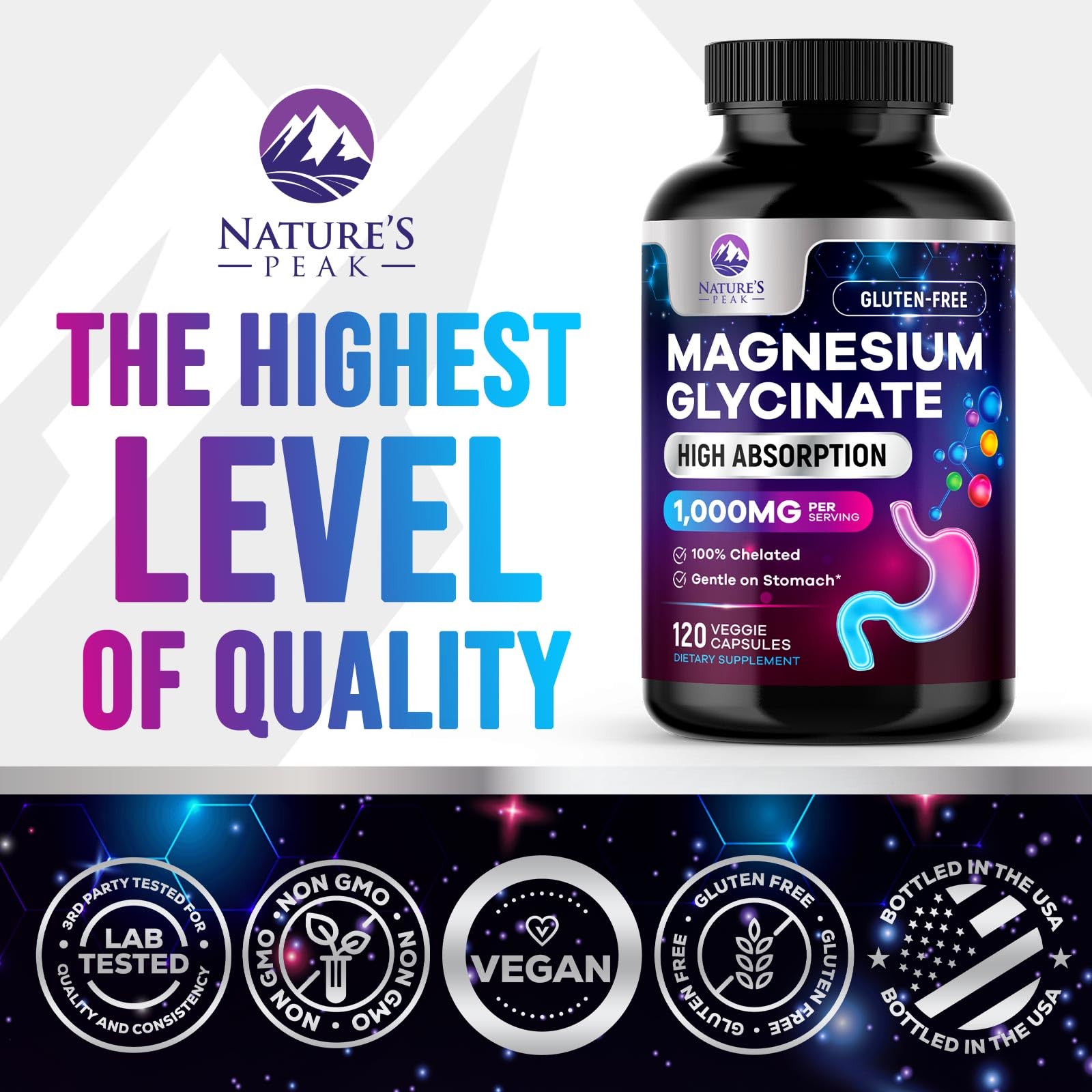 Magnesium Glycinate Capsules 1000mg Per Serving - Pure & Chelated for Max Absorption - Supports Muscle, Nerve & Heart Health, Sleep Support - Magnesium Supplement for Whole Body Support - 120 Capsules Nature's Peak Au supplements