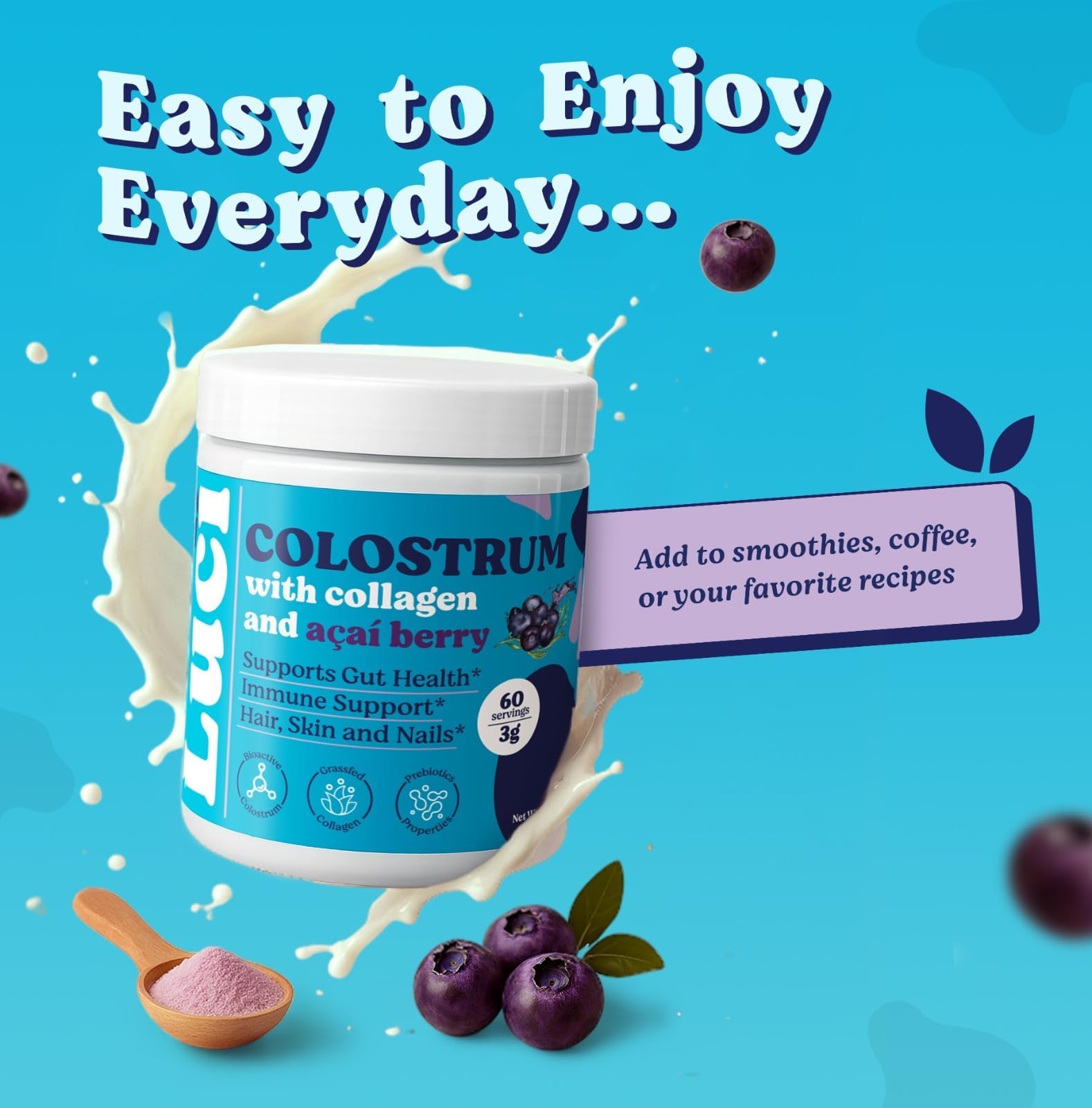 Luci Colostrum Powder 60 Servings, 3 in 1 with Collagen Peptides and Acai, Bovine Colostrum for Gut Health, Bloating, Collagen Protein for Muscle, Skin, Hair, Nails and Immunity, Gluten & Fat Free Luci Nutrition Au supplements