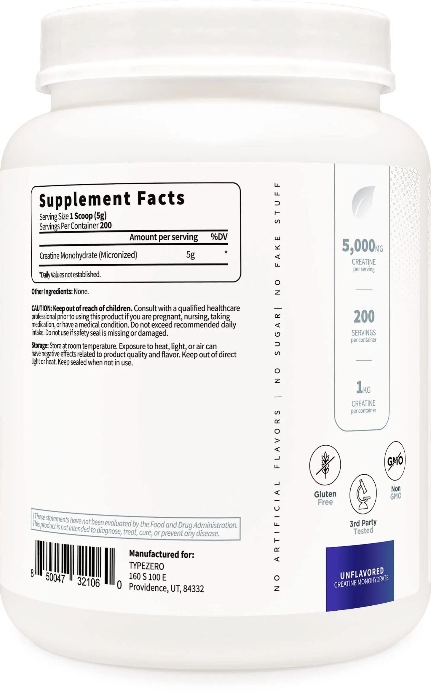 Type Zero Creatine Monohydrate (Unflavored) 1 KG, 5000mg (5g) Per Serving, Micronized, Zero Sugar, Keto Friendly & Gluten Free, 200 Servings Type Zero Au supplements
