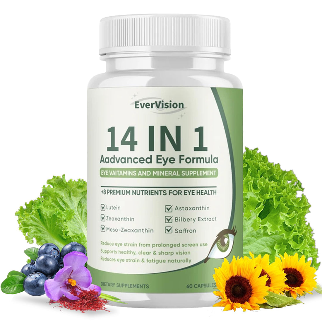 EVERVISION 14 in 1 Advanced Eye Formula, Eye Vitamin and Mineral Supplement with Zinc, Lutein, Zeaxanthin & Bilberry Extract, 60ct EVERVISION Au supplements