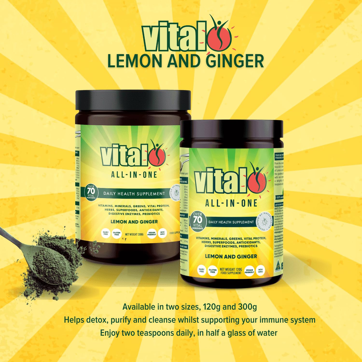 Vital All-in-One Daily Powdered Supplement - Natural Greens Superfood Powder for Energy & Health, Super Greens Powder Drink Mix with Probiotic & Antioxidant Support - Lemon & Ginger, 4.23 oz (120 g) Vital Au supplements