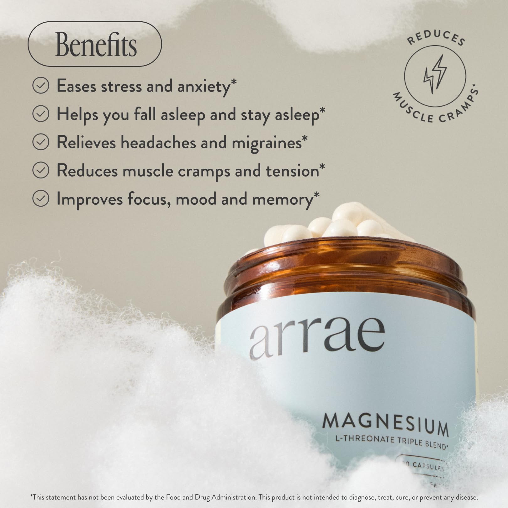 Arrae Magnesium Supplement, Magnesium Glycinate, Citrate & L-threonate, 250 mg, Support Mood, Sleep, Nerves, and Muscles,90 Capsules Arrae Au supplements