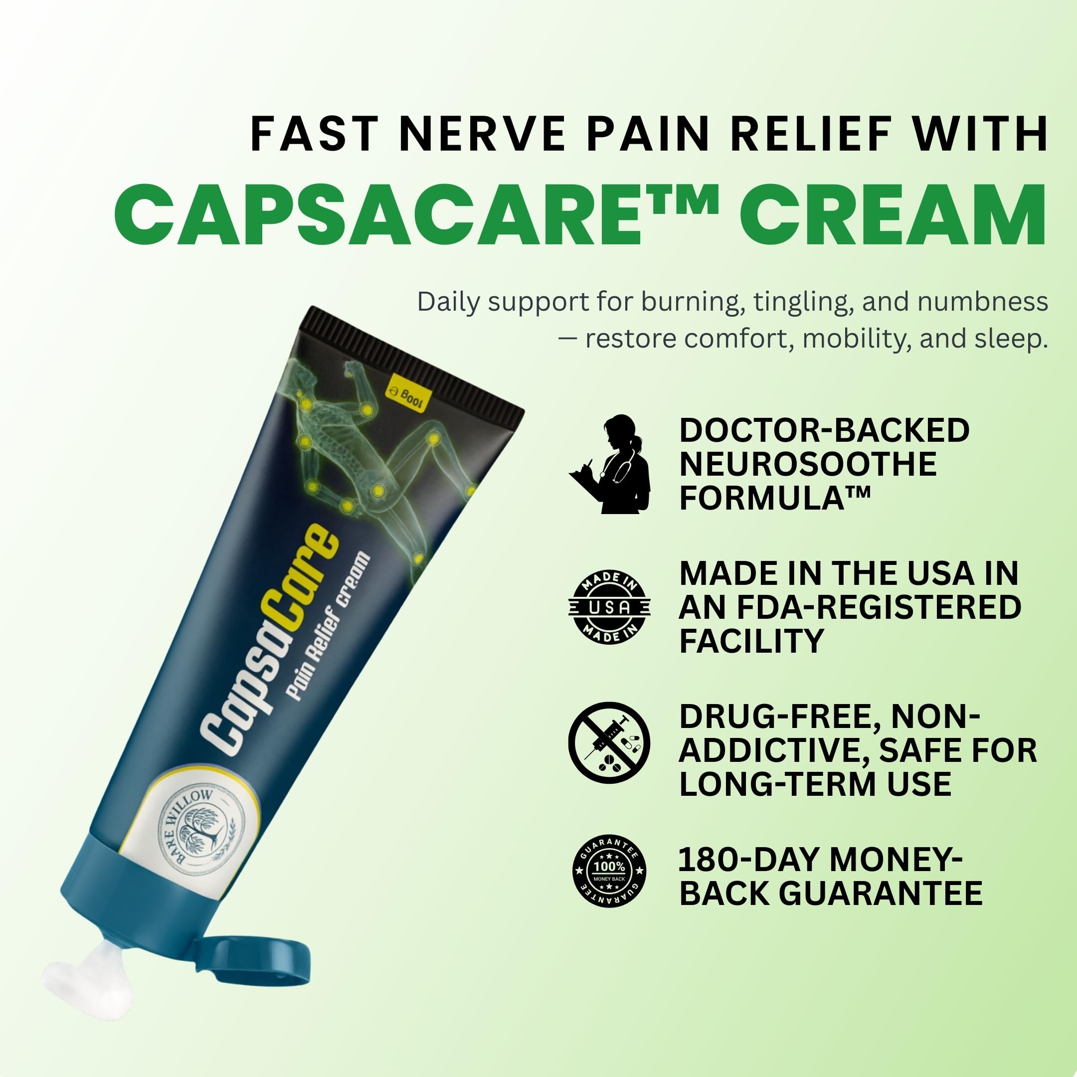 CapsaCare Cream with Capsaicin 0.125% & Magnesium, NeuroSoothe Blend with Arnica, Glucosamine, Menthol & Aloe, Fragrance Free, Non Greasy, Hydrating Topical Skin Cream for Men and Women, 100g (1 Pack) Bare Willow Au supplements