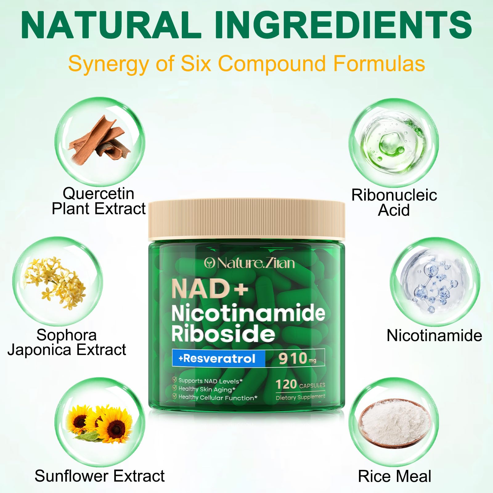 O NATURE . ZIRAN NAD Supplement - NAD+ Nicotinamide Riboside 910 Mg Supplement for Women & Men, Liposomal Nicotinamide Riboside with Resveratrol, for Focus, Boost - 120 Capsules O NATURE . ZIRAN Au supplements