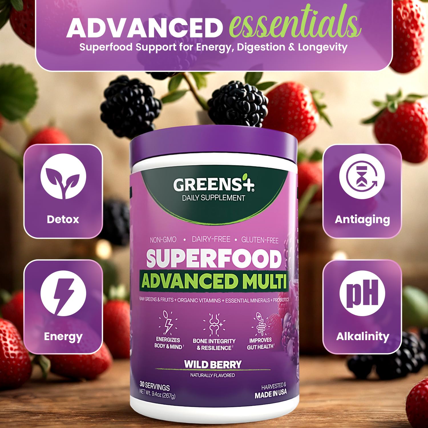 Greens+ Advanced Multi Wild Berry Superfood Powder, Organic Blend, Vegan, Non-GMO, Soy-Free, Dairy-Free, Gluten-Free, Dietary Supplement with Vitamins & Minerals, 9.4 oz Greens+ Au supplements