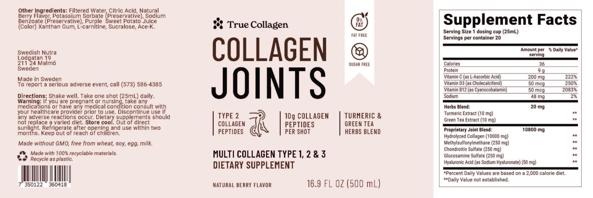 True Collagen Joints | 10,000 mg Hydrolyzed Collagen Liquid Supplement - 500 ml, 20 Day Supply | Glucosamine, MSM and Chondroitin for Healthy Joints | Fat-Free, Sugar-Free, 100% Natural Berry Flavor True Collagen Au supplements