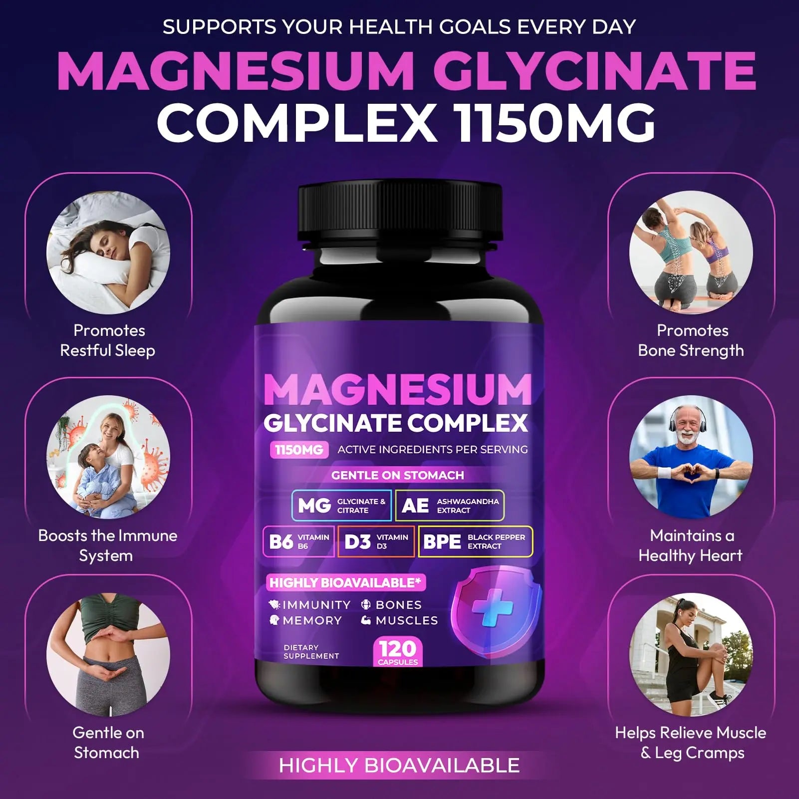 Magnesium Glycinate Complex 1150mg - Gentle on Stomach High Absorption Magnesium Capsules with Citrate, Silica, Ashwagandha & Vitamin B6 for Zzz, Stress Relief, Muscle Support for Adults, Women & Men Cytona Au supplements