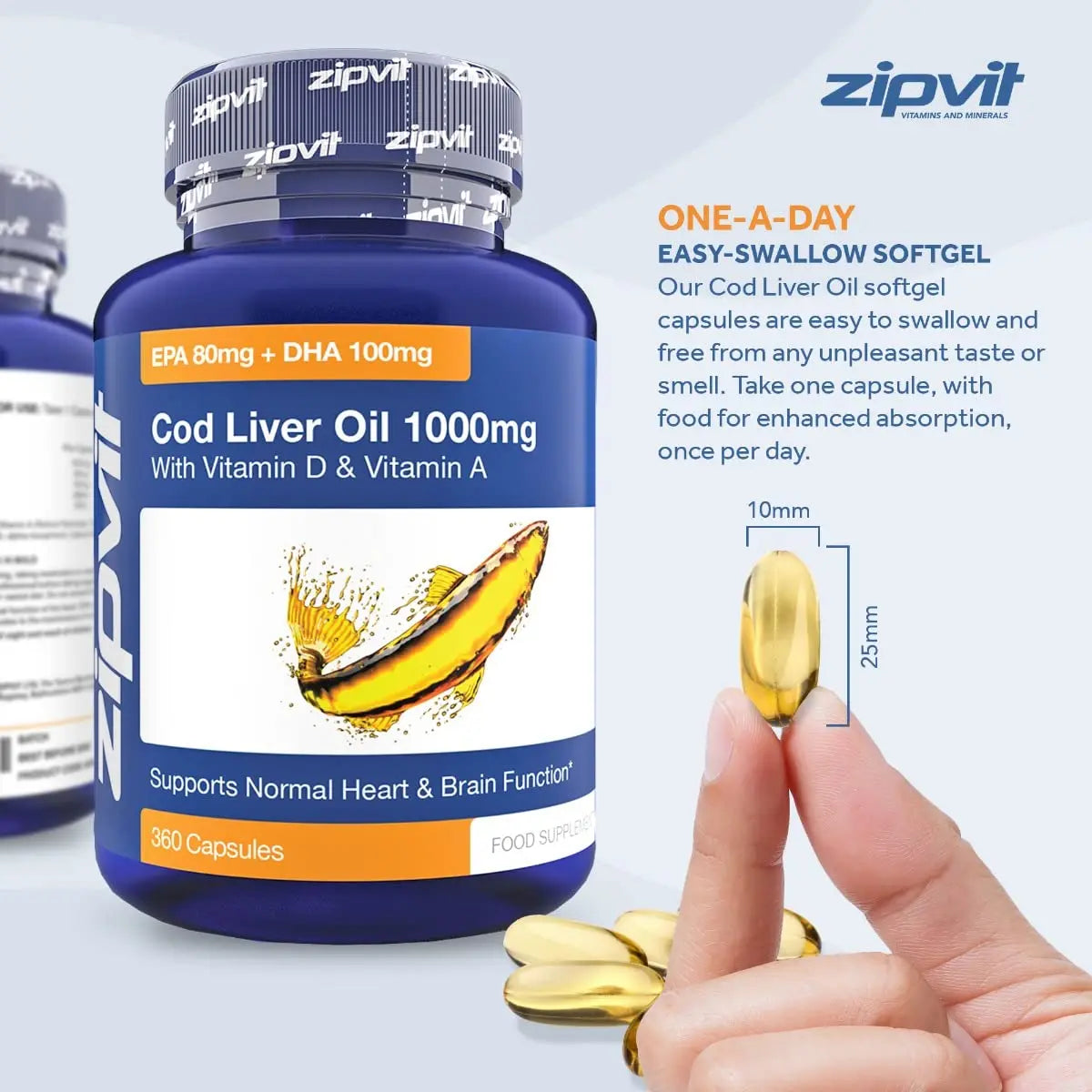 Cod Liver Oil 1000mg, 360 Capsules of High Strength Fish Oil, Rich in Omega 3. Supports Zipvit Au supplements