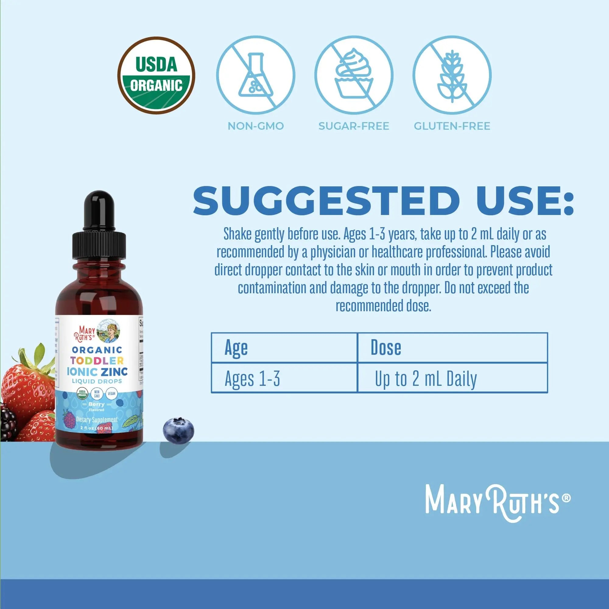 MaryRuth Organics USDA Toddler Liquid Drops | Zinc Sulfate | Immune Support Supplement| Skin Health | Vegan | Formulated for Ages 1-3 | Delicious Berry Flavor | 1 Month Supply | 2 Fl Oz MARYRUTH'S Au supplements