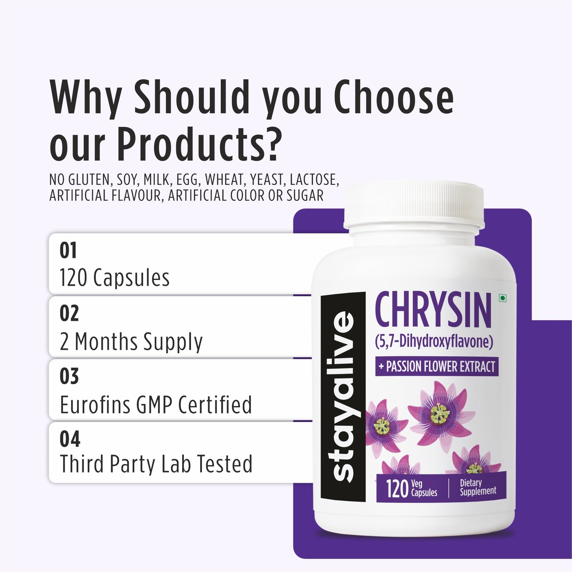 STAY ALIVE Chrysin Supplement 500mg & Passion Flower Extract Powder, 5,7-Dihydroxyflavone, Non-GMO and Gluten-Free Chrysin for Men and Women, 120 Capsules STAY ALIVE Au supplements